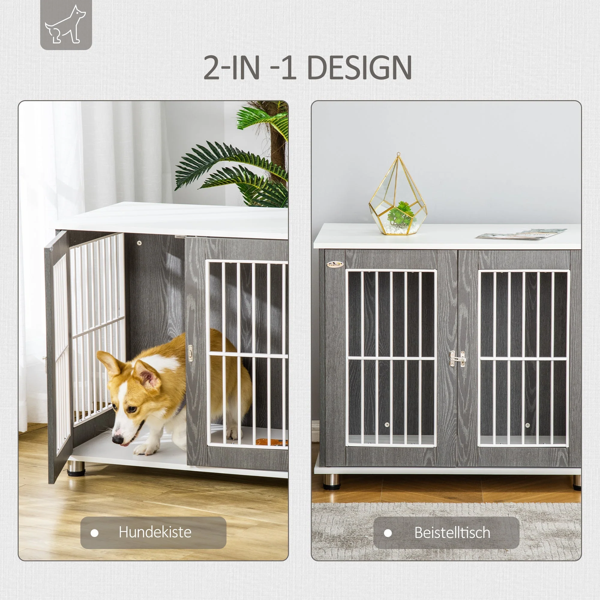 Wooden Dog House, Table Top & Cushion, Grey+White - Image 4