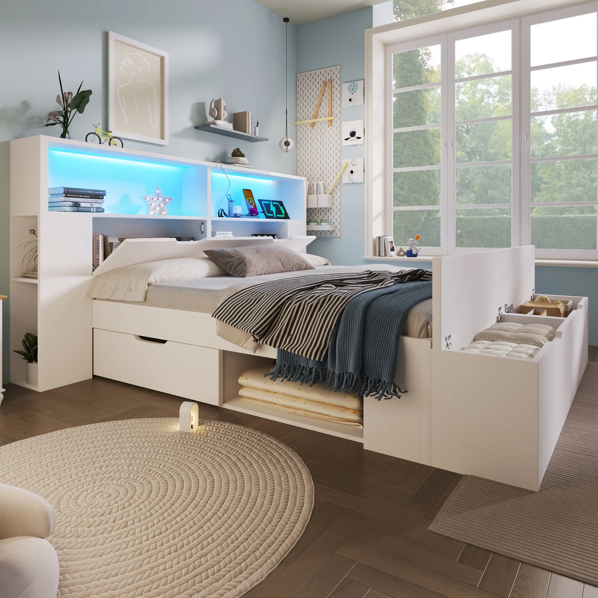 Wooden Double Bed 140x200cm Storage Drawers LED Lights USB White - Image 10