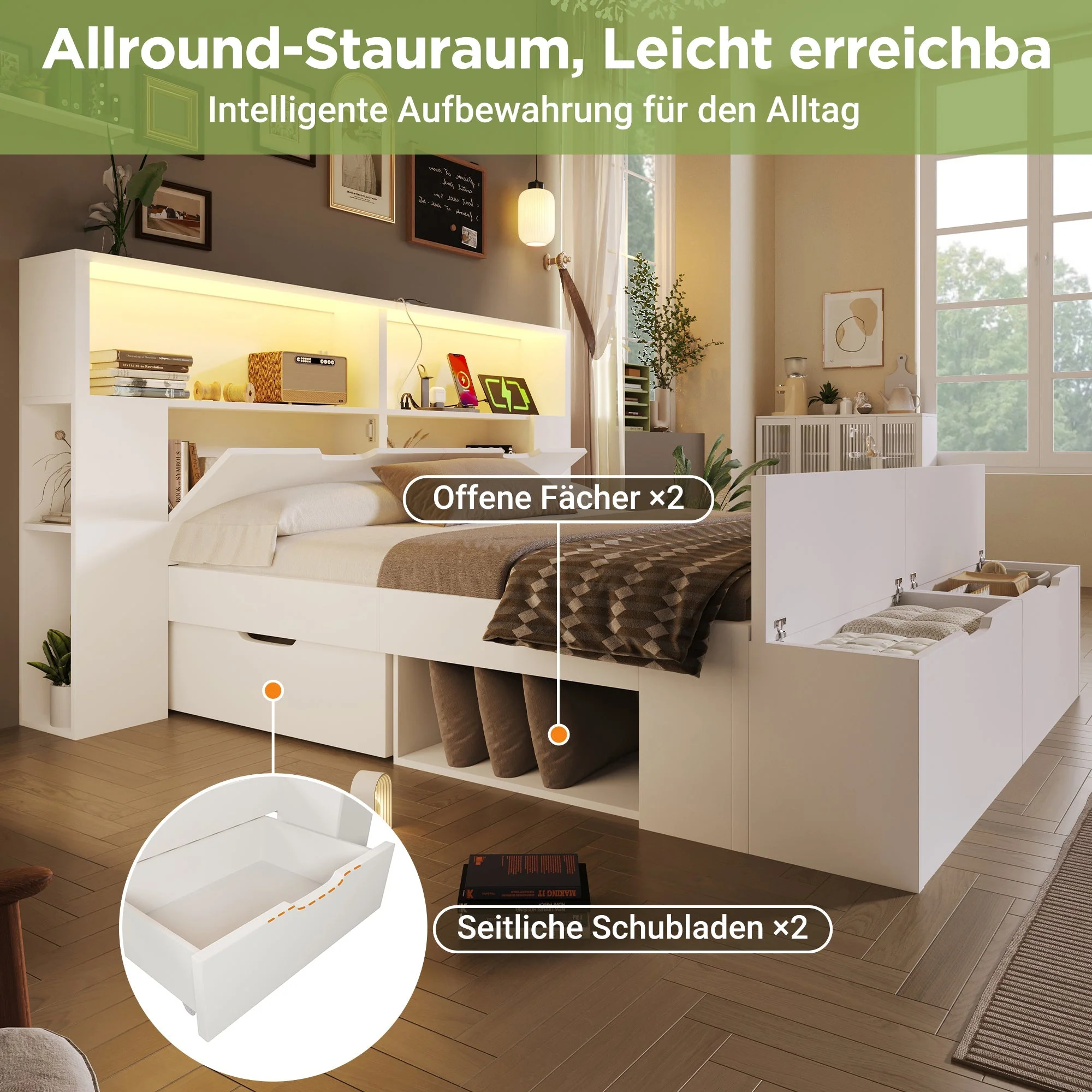 Wooden Double Bed 140x200cm Storage Drawers LED Lights USB White - Image 4