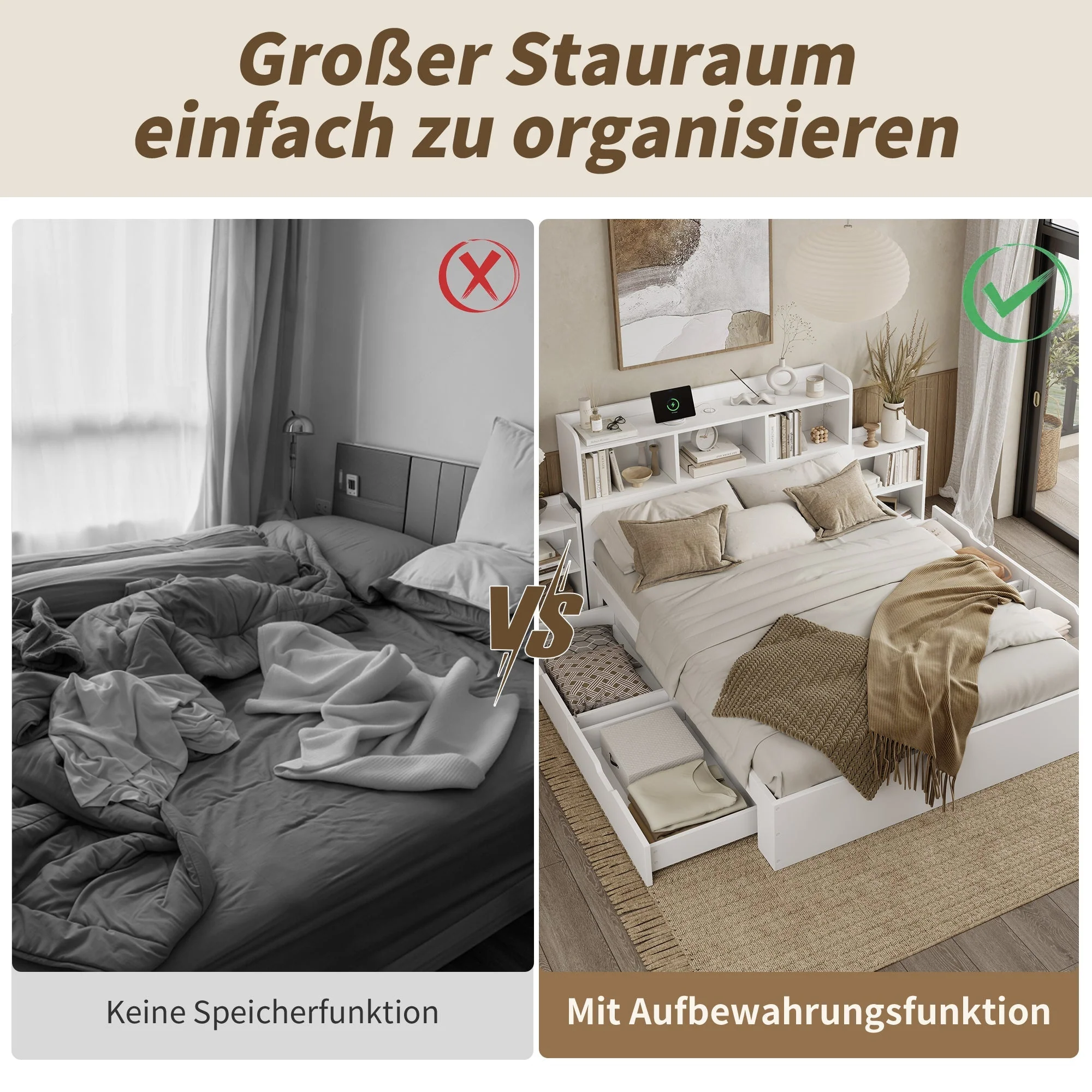 Wooden Double Bed 140x200cm with Integrated Charging, Storage Drawers and Pull-out Bedside Tables, White Wood - Image 7