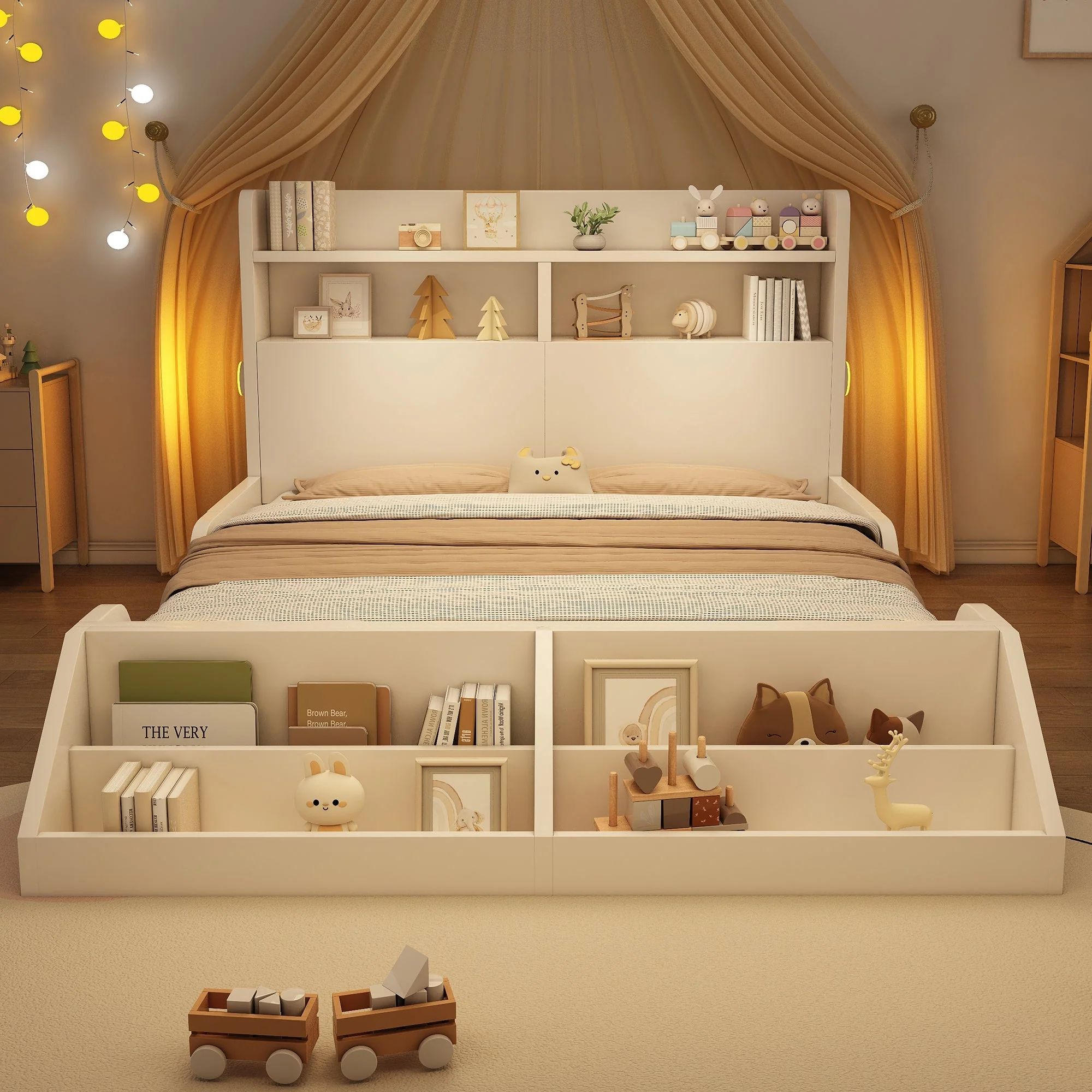 Wooden Double Bed 140x200cm Youth Bed with Shelves Nightlights Bookshelf Pure White - Image 5