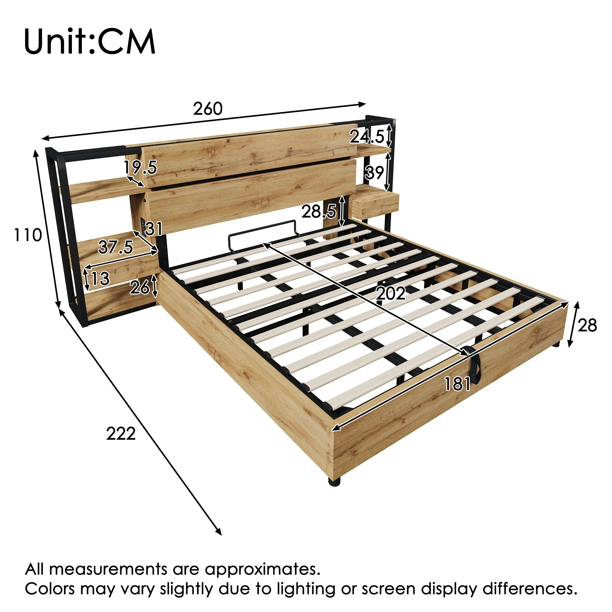 Wooden Double Bed 180x200cm, Hydraulic Storage, Headboard with USB Charging, Oak Color - Image 2