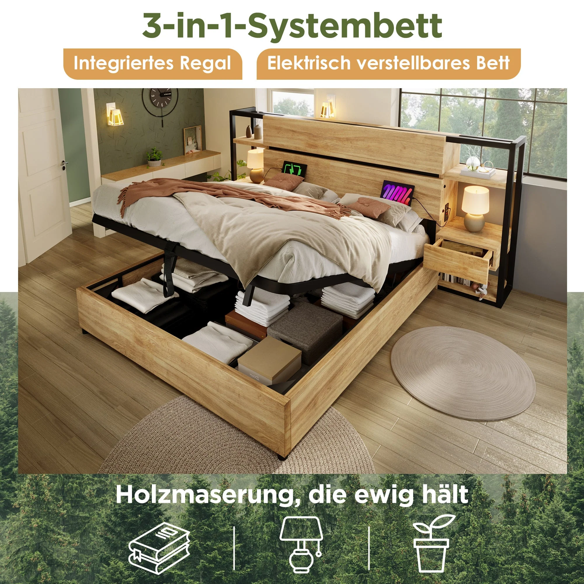 Wooden Double Bed 180x200cm, Hydraulic Storage, Headboard with USB Charging, Oak Color - Image 3