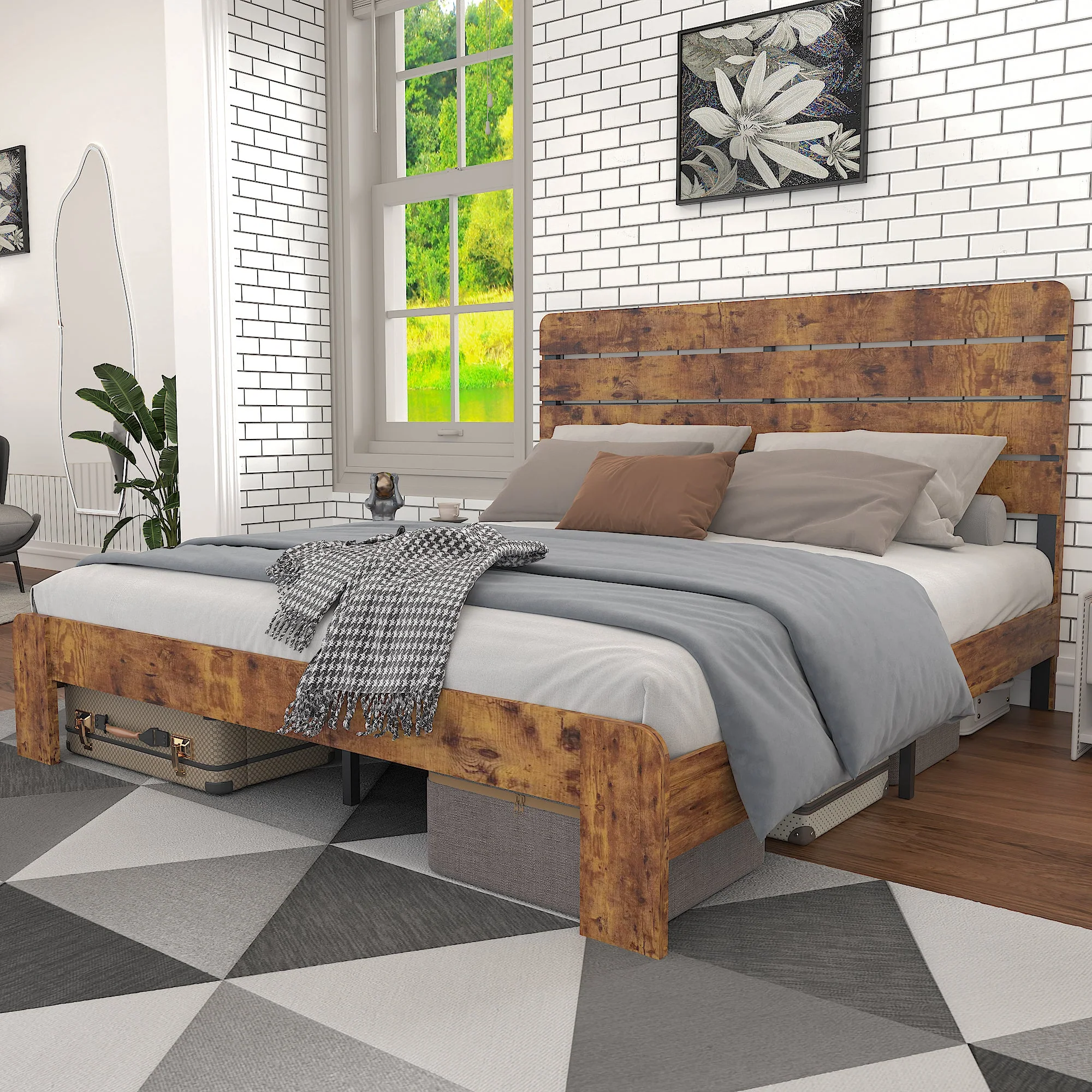 Wooden Double Bed, Antique 180x200cm High Headboard Slatted Frame, Wood/Iron