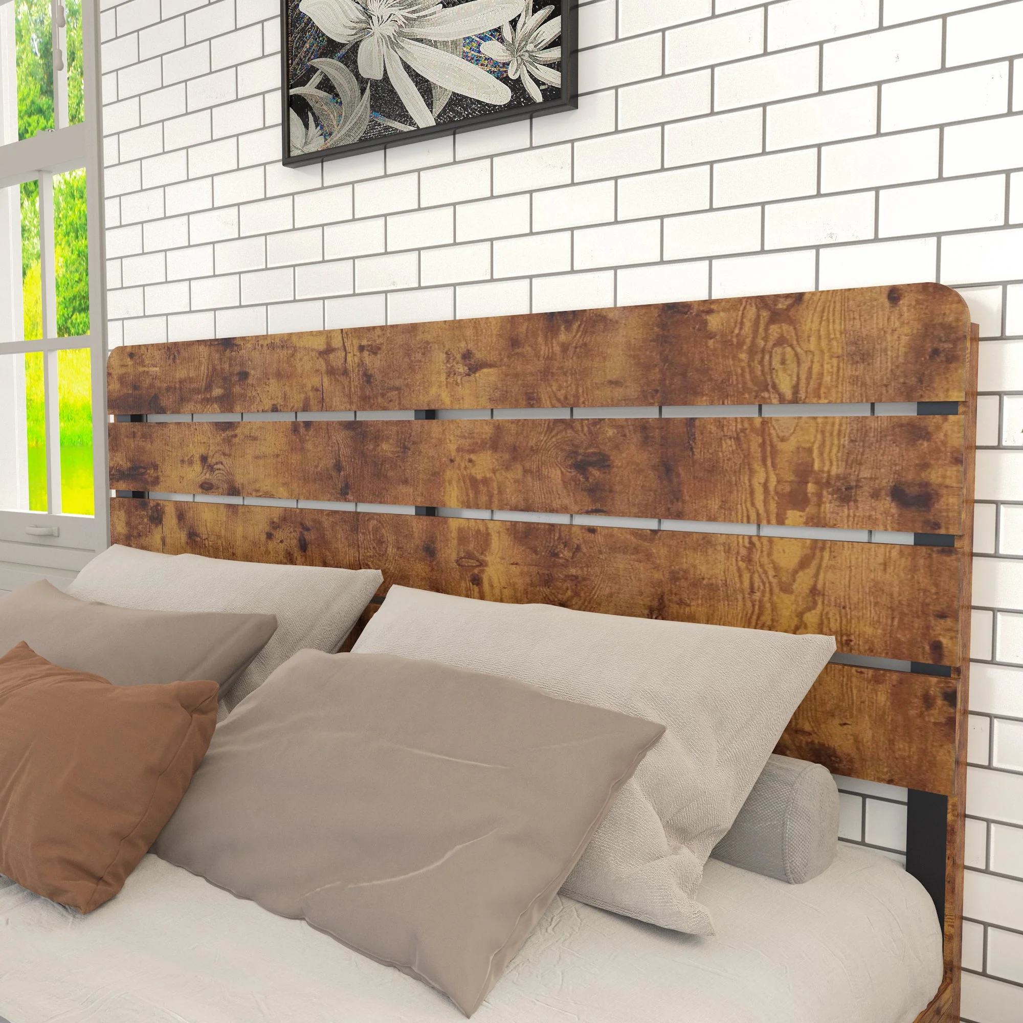 Wooden Double Bed, Antique 180x200cm High Headboard Slatted Frame, Wood/Iron - Image 2