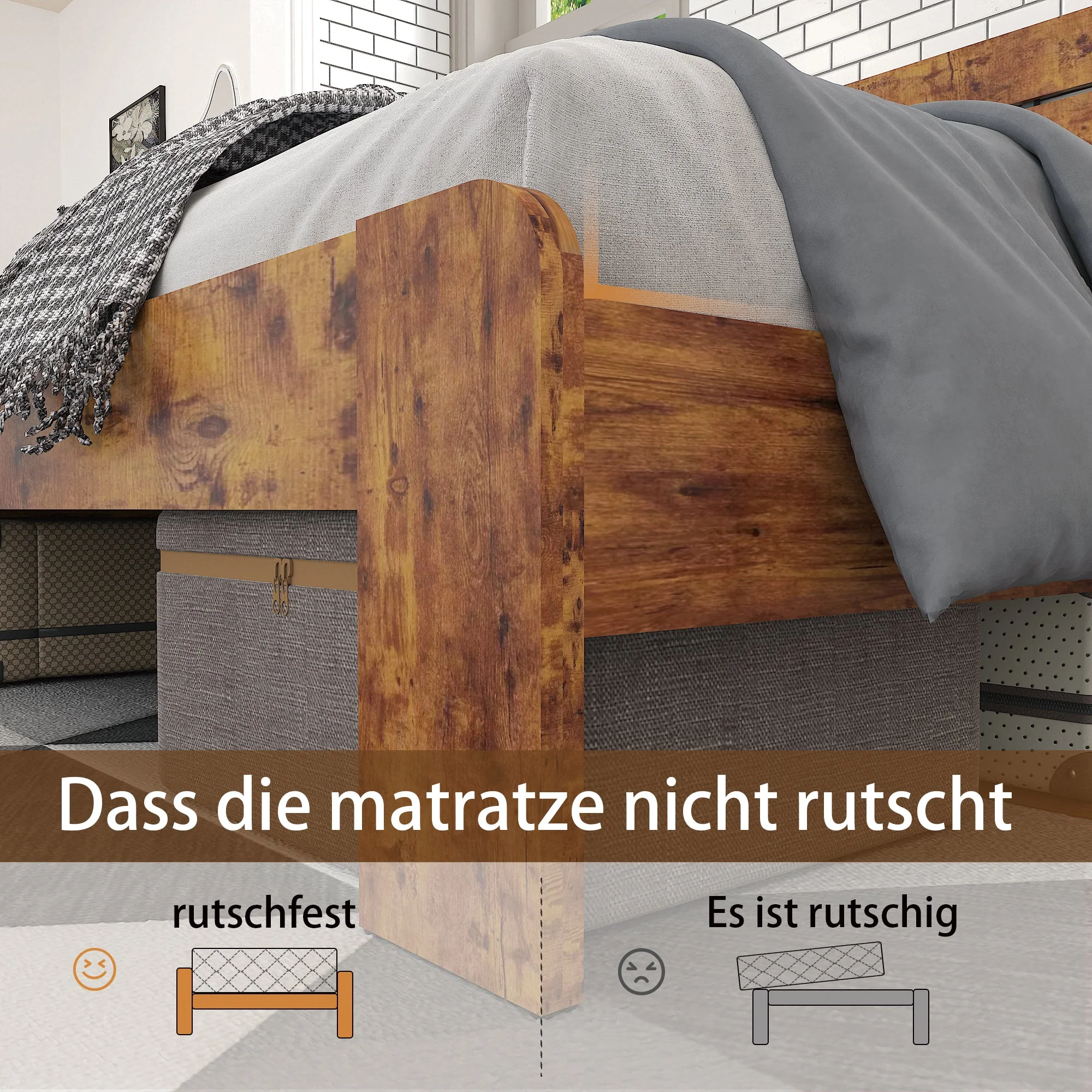Wooden Double Bed, Antique 180x200cm High Headboard Slatted Frame, Wood/Iron - Image 5