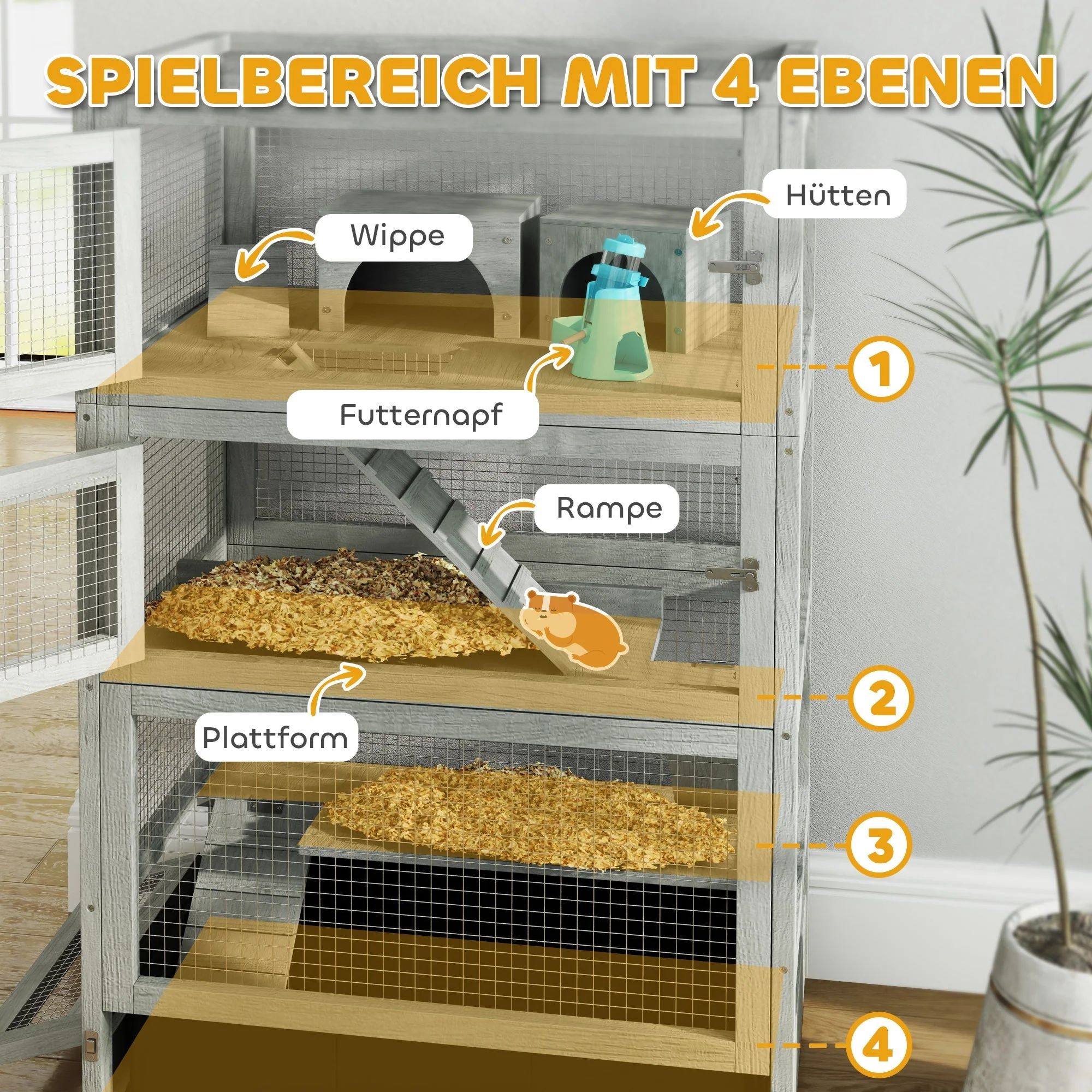 Wooden Dwarf Hamster Cage, 4-Tier with Huts, Food Bowls, Gray - Image 5