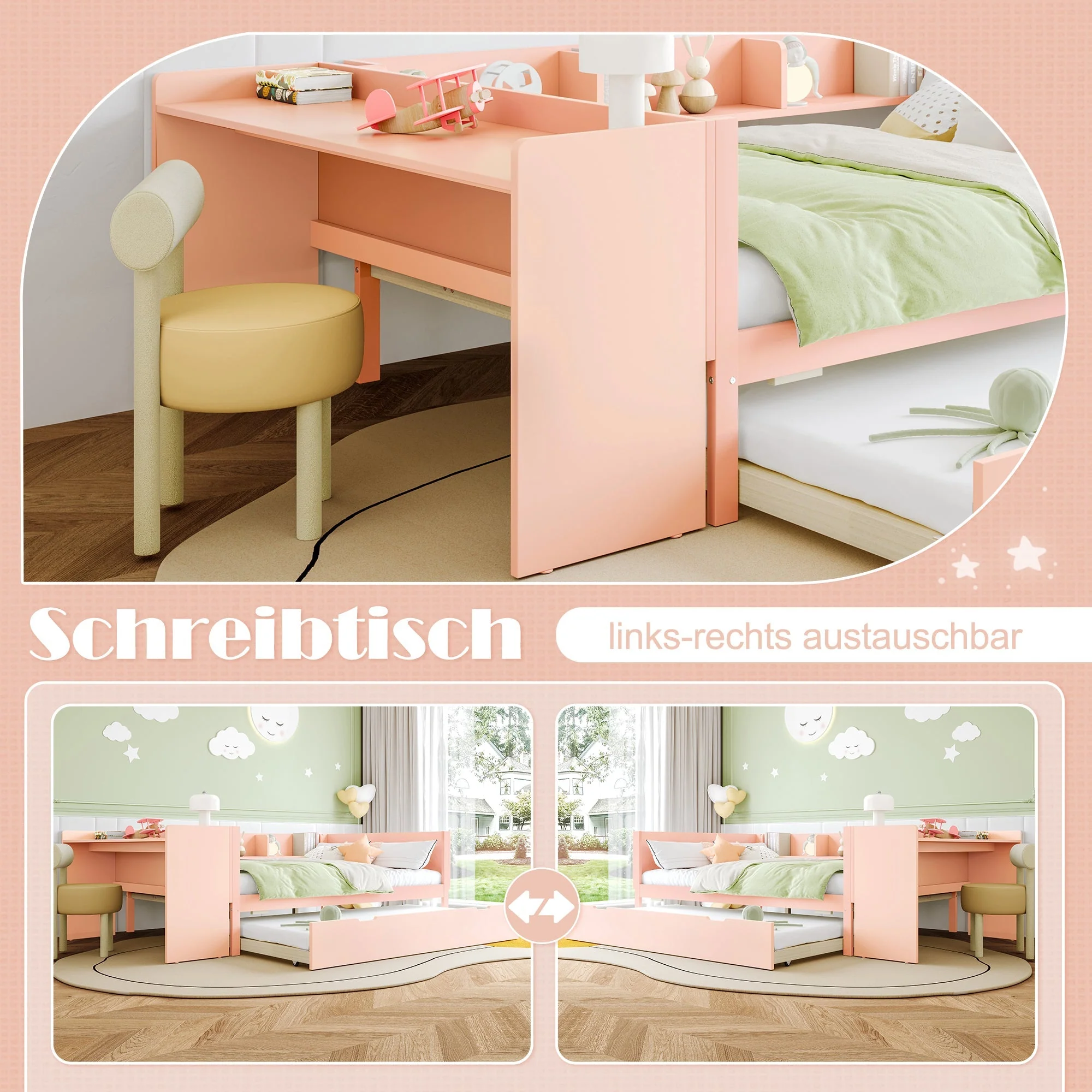 Wooden Flatbed Double Bed with Desk, Trundle and Shelves, 140x200cm, Pink - Image 9