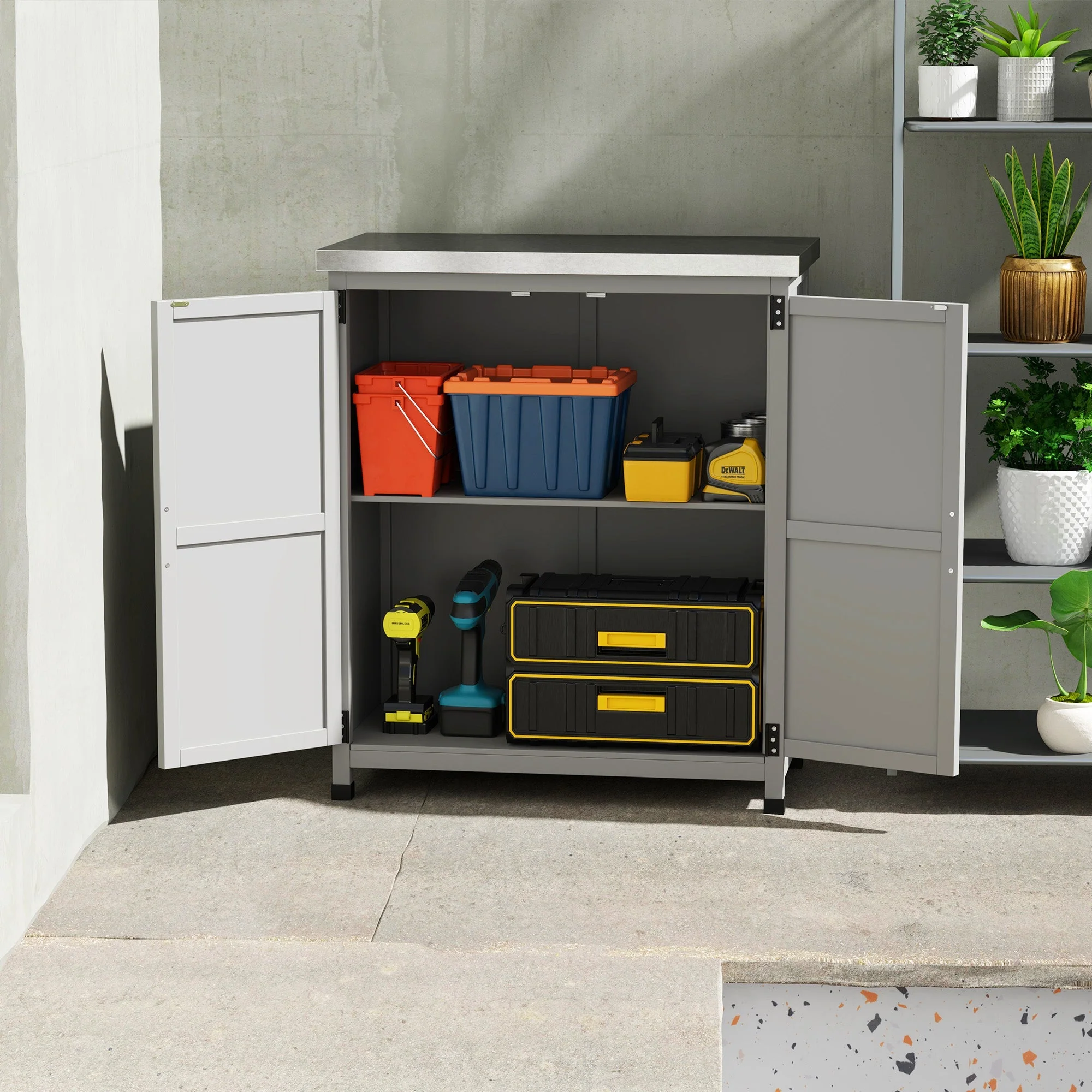 Wooden Garden Shed Outdoor Storage Cabinet with Worktop, Double Doors, Shelf, Grey - Image 8