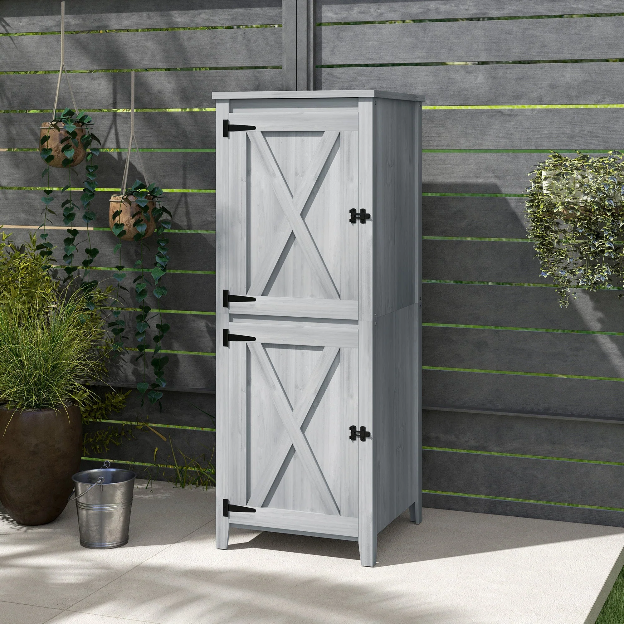 Wooden Garden Shed, Weatherproof Double Door 60x60x160cm Lockable Storage, Light Grey - Image 8