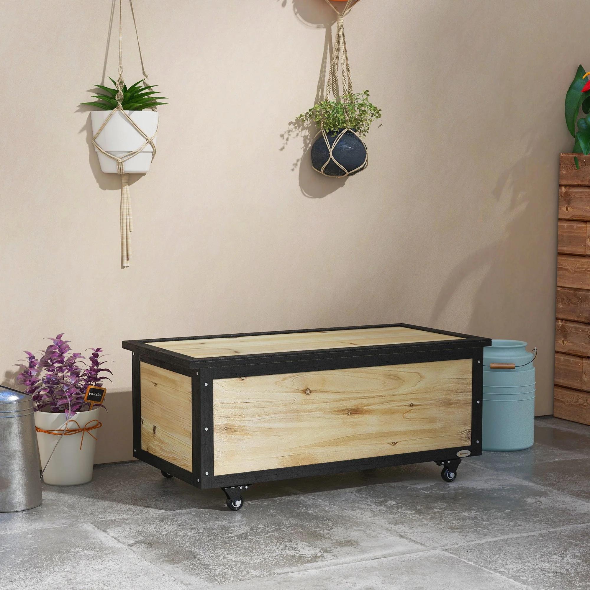 Wooden Garden Storage Box 121L Cushion Box with Wheels, Weatherproof, Natural - Image 2