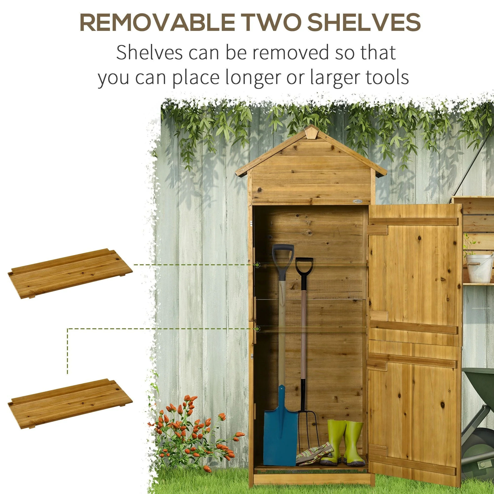 Wooden Garden Storage Shed, Utility Cabinet with 3 Shelves and 2 Doors, Natural Wood - Image 5