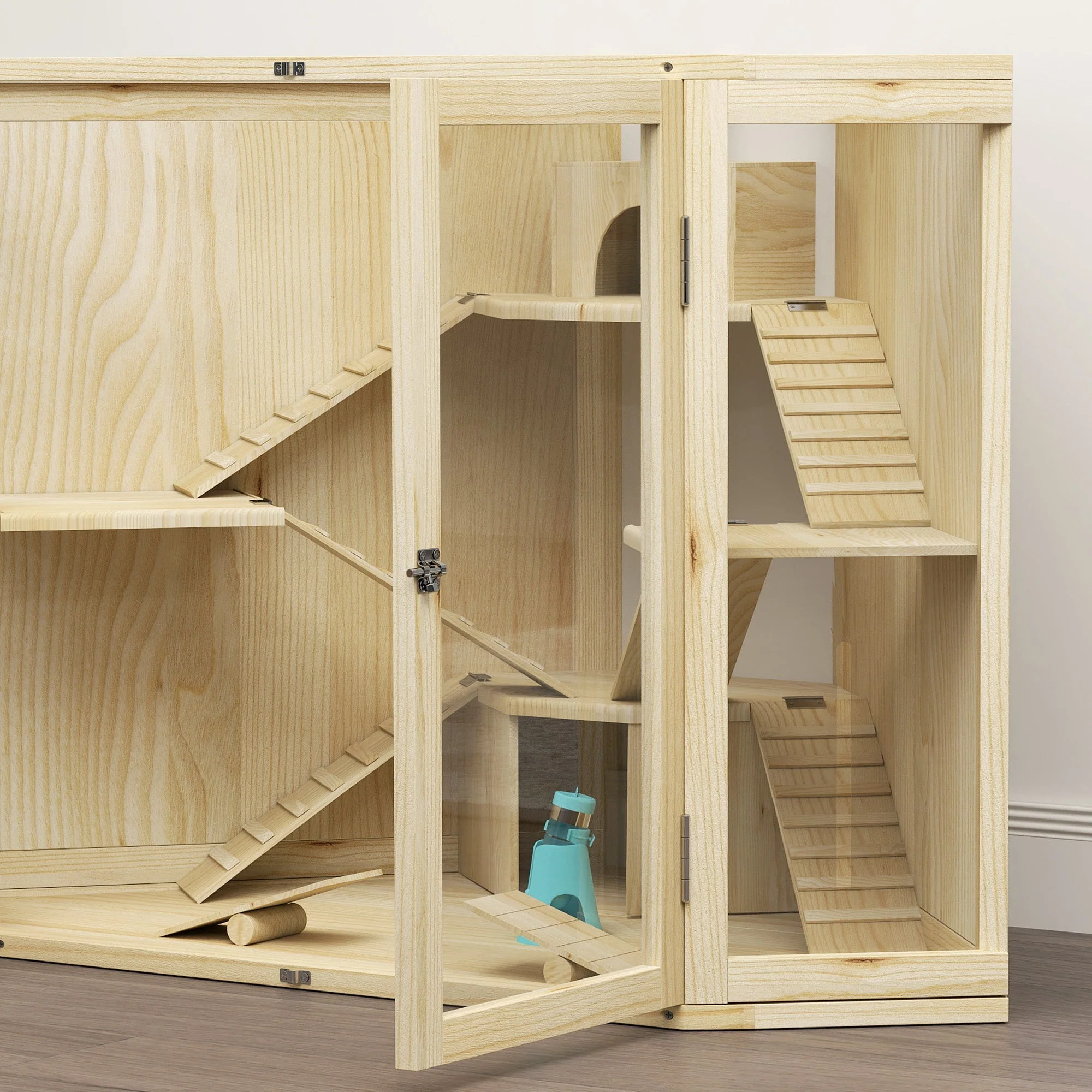 Wooden Hamster Cage, 4 Levels, Feeding Station, Seesaw, Ramp, Huts - Image 7