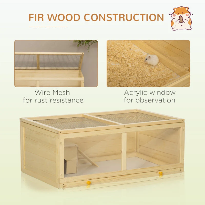 Wooden Hamster Cage with Sliding Tray, Openable Top, Hut, Natural Wood - Image 6