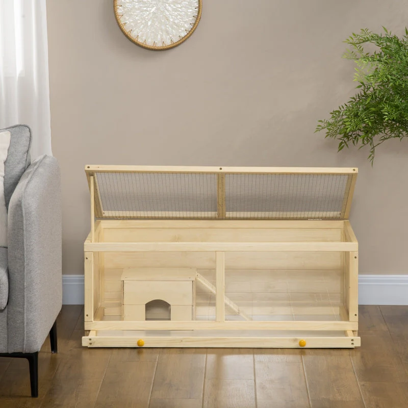 Wooden Hamster Cage with Sliding Tray, Openable Top, Hut, Natural Wood - Image 8