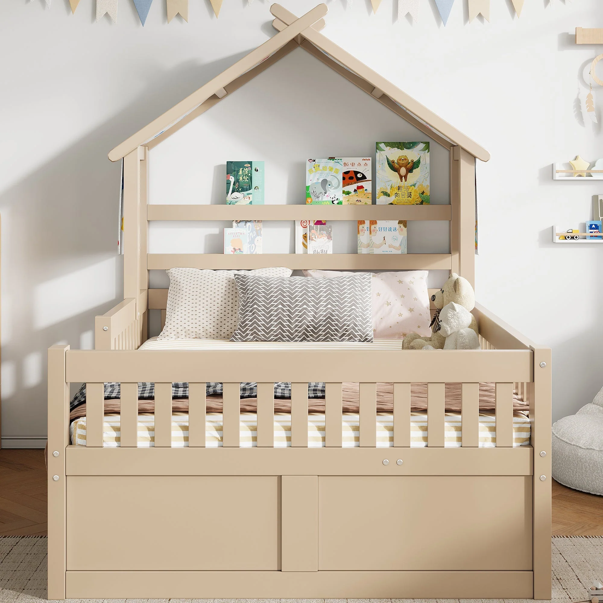 Wooden House Bed with Pull-out Bed, 3 Drawers and Safety Rails, 140x200cm, Cream - Image 12