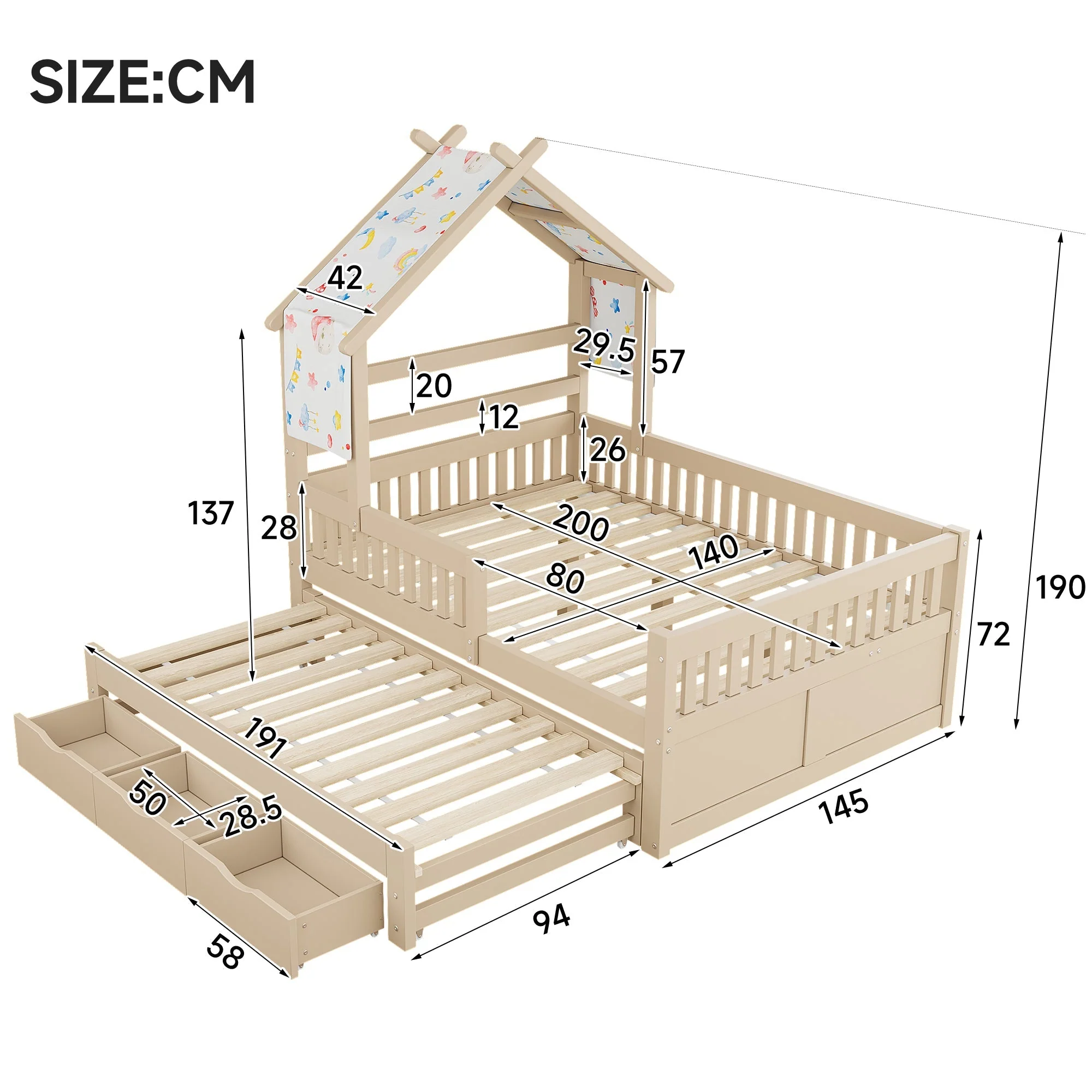 Wooden House Bed with Pull-out Bed, 3 Drawers and Safety Rails, 140x200cm, Cream - Image 4