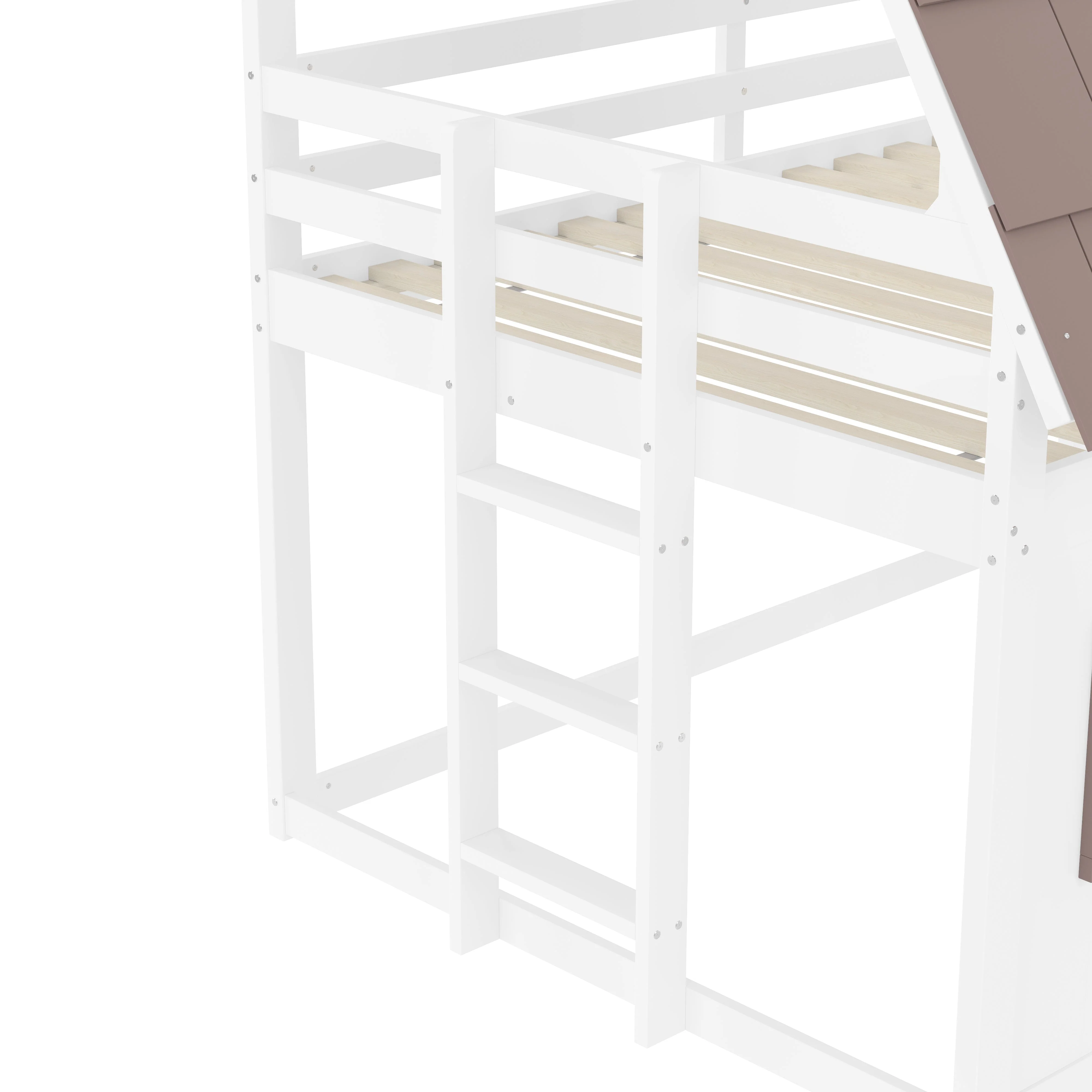 Wooden House Bunk Bed with Roof, Ladder and Slide, 140 x 200, White and Brown - Image 7