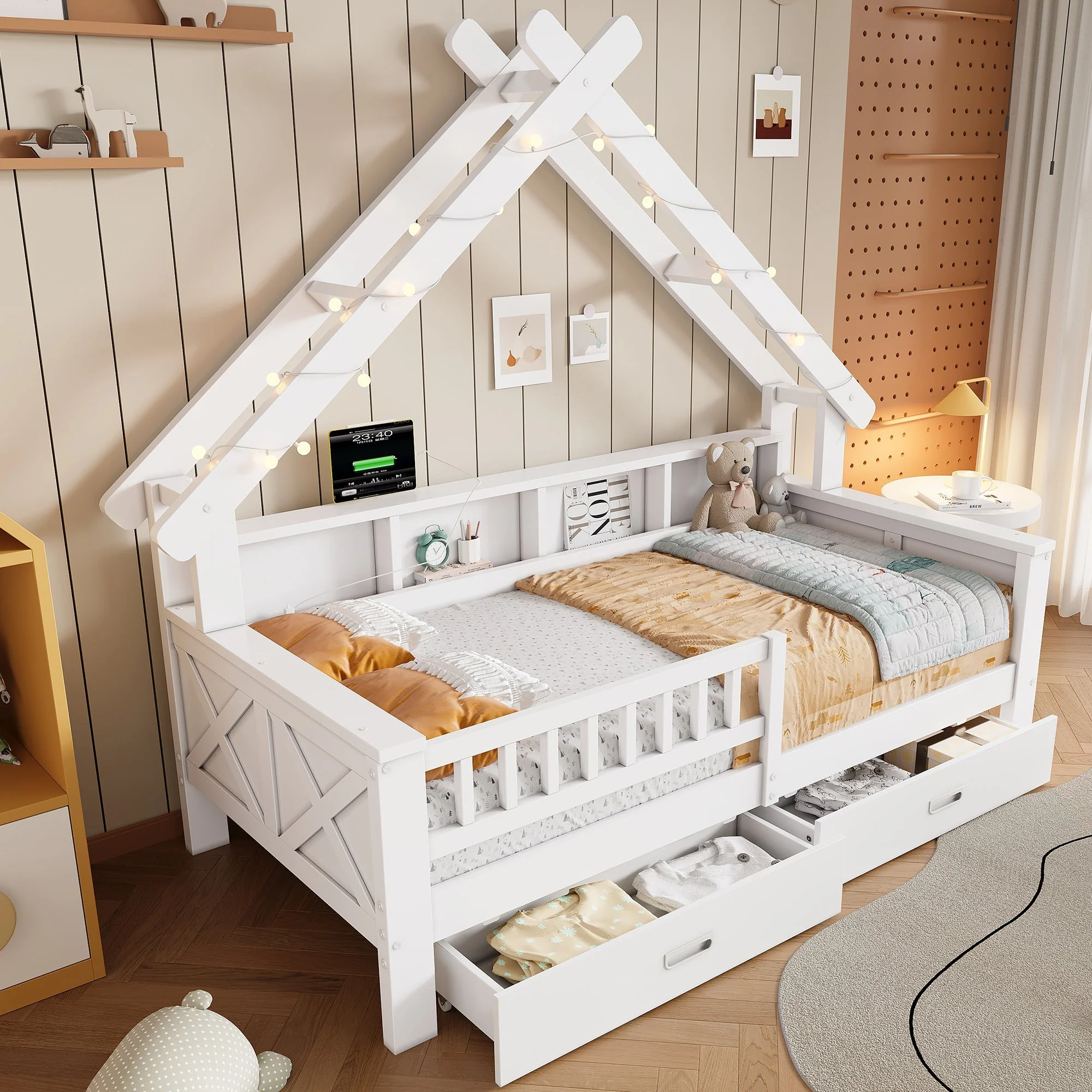 Wooden House Platform Bed with LED Lighting, Storage and Safety Rails, White - Image 2