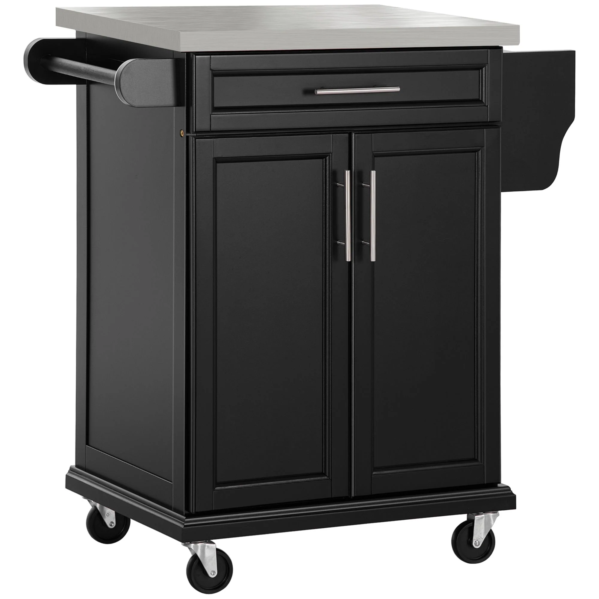 Wooden Kitchen Island on Wheels with Stainless Steel Top, Black - Image 2