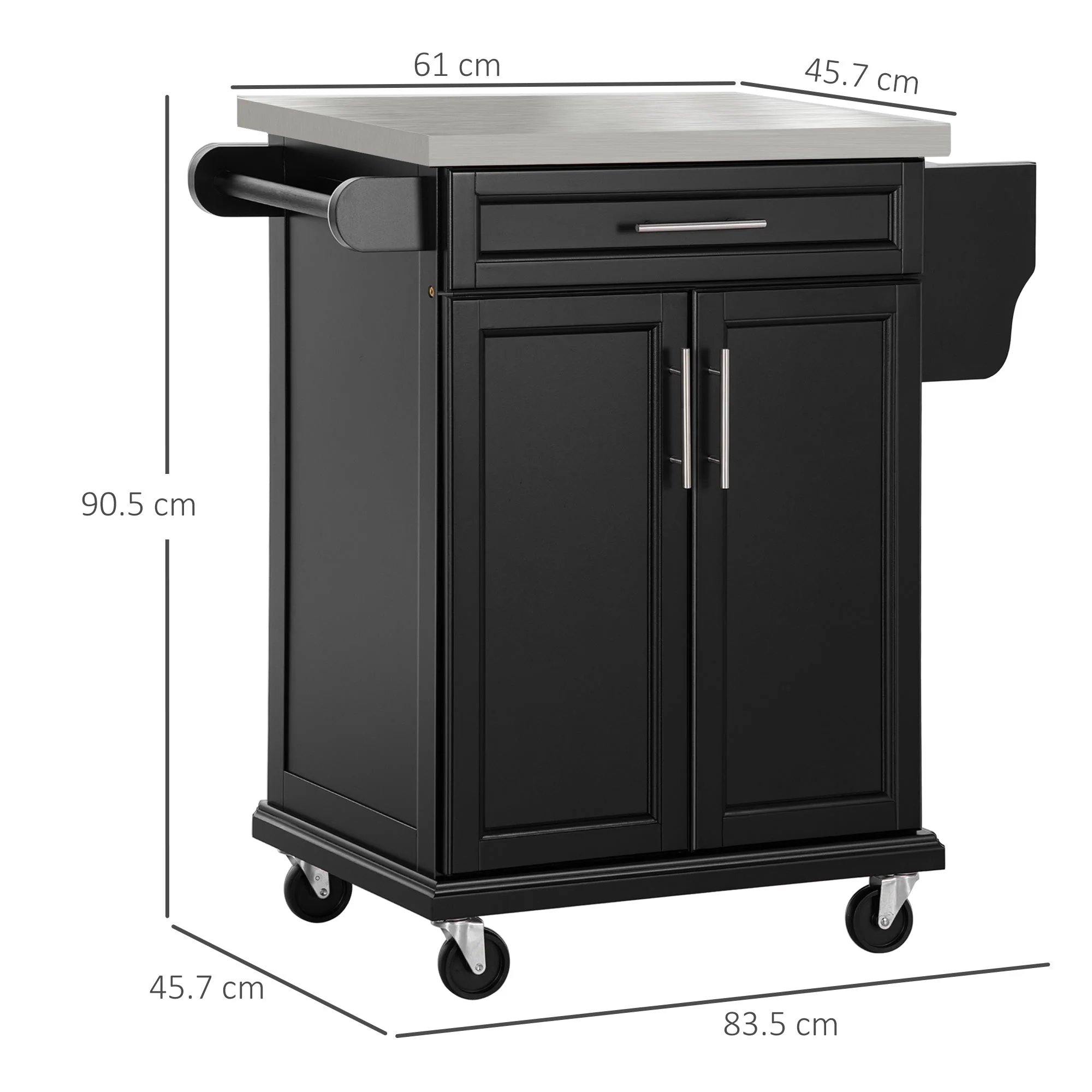 Wooden Kitchen Island on Wheels with Stainless Steel Top, Black - Image 3