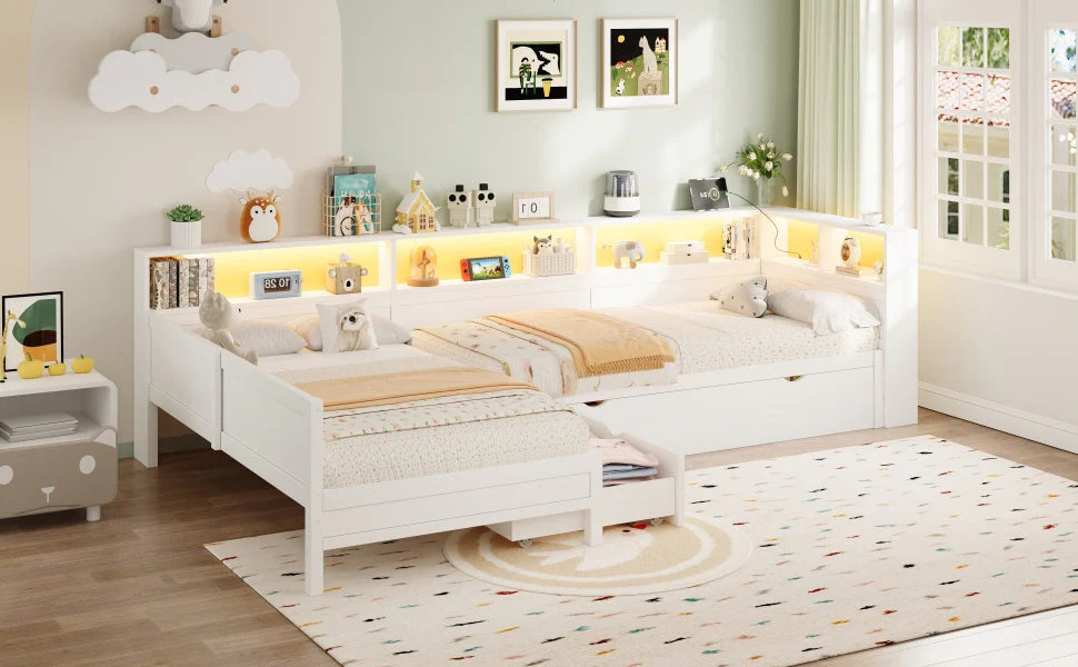 Wooden L-Shaped Platform Bed with Pull-Out Bed and Drawer, White - Image 10