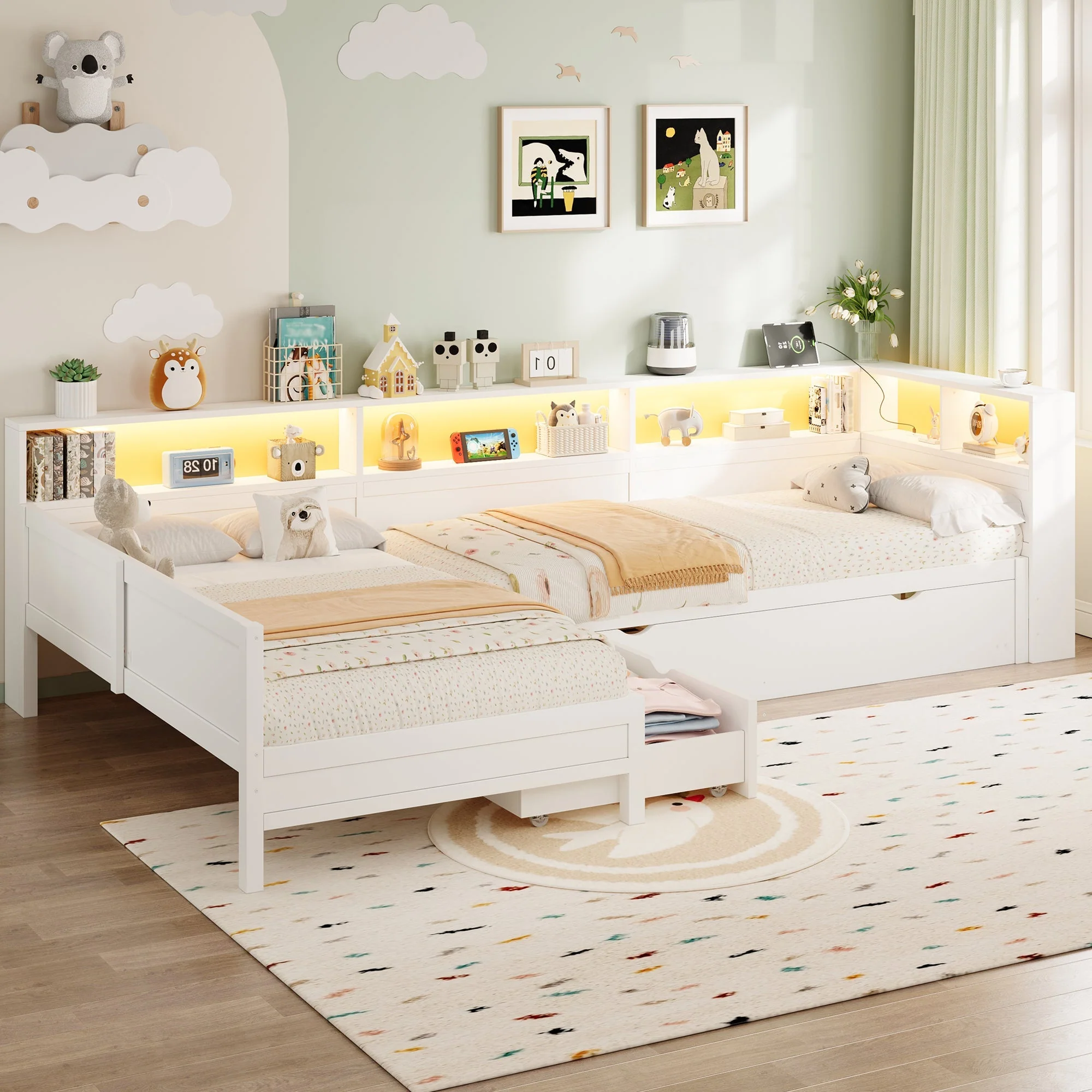 Wooden L-Shaped Platform Bed with Pull-Out Bed and Drawer, White - Image 2