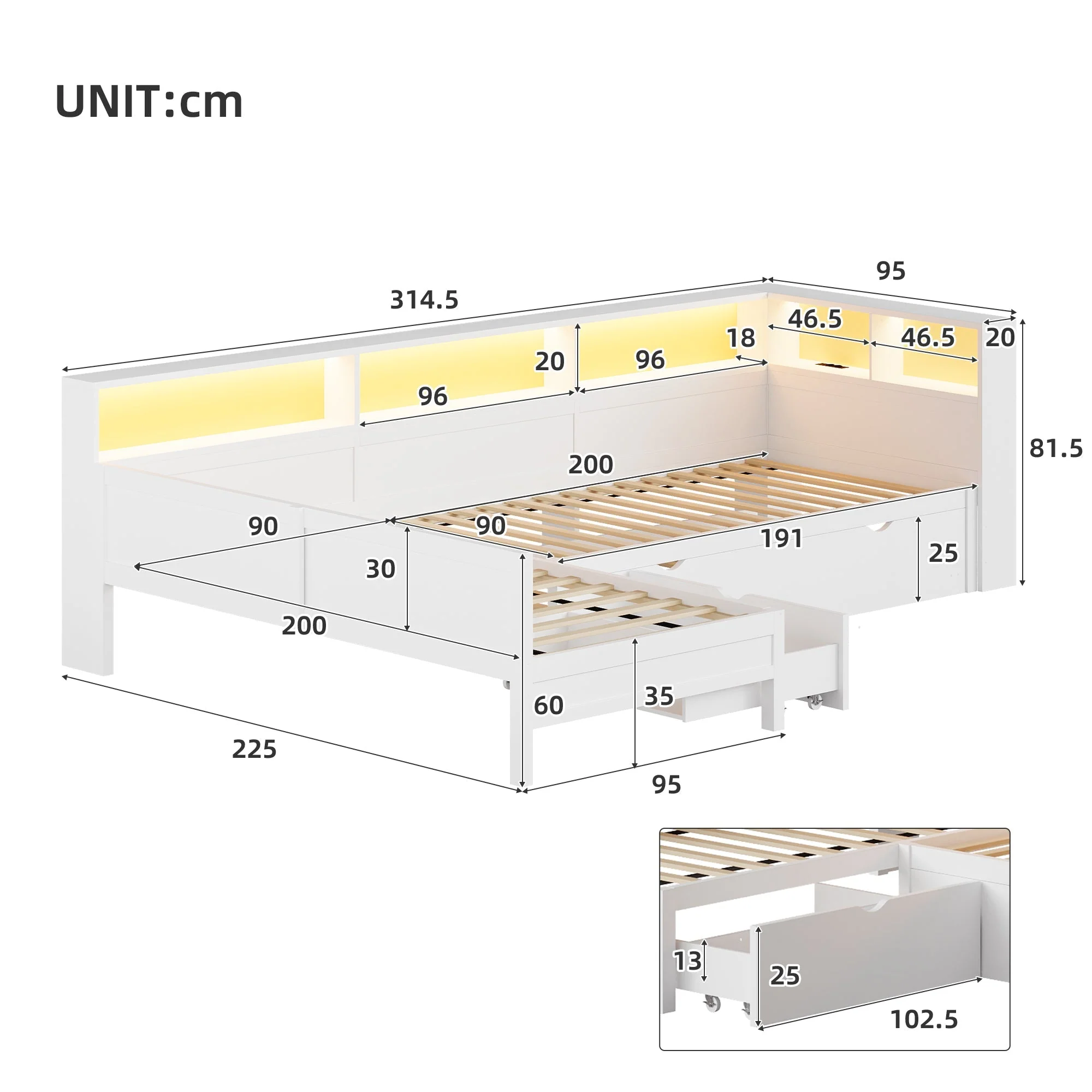 Wooden L-Shaped Platform Bed with Pull-Out Bed and Drawer, White - Image 5