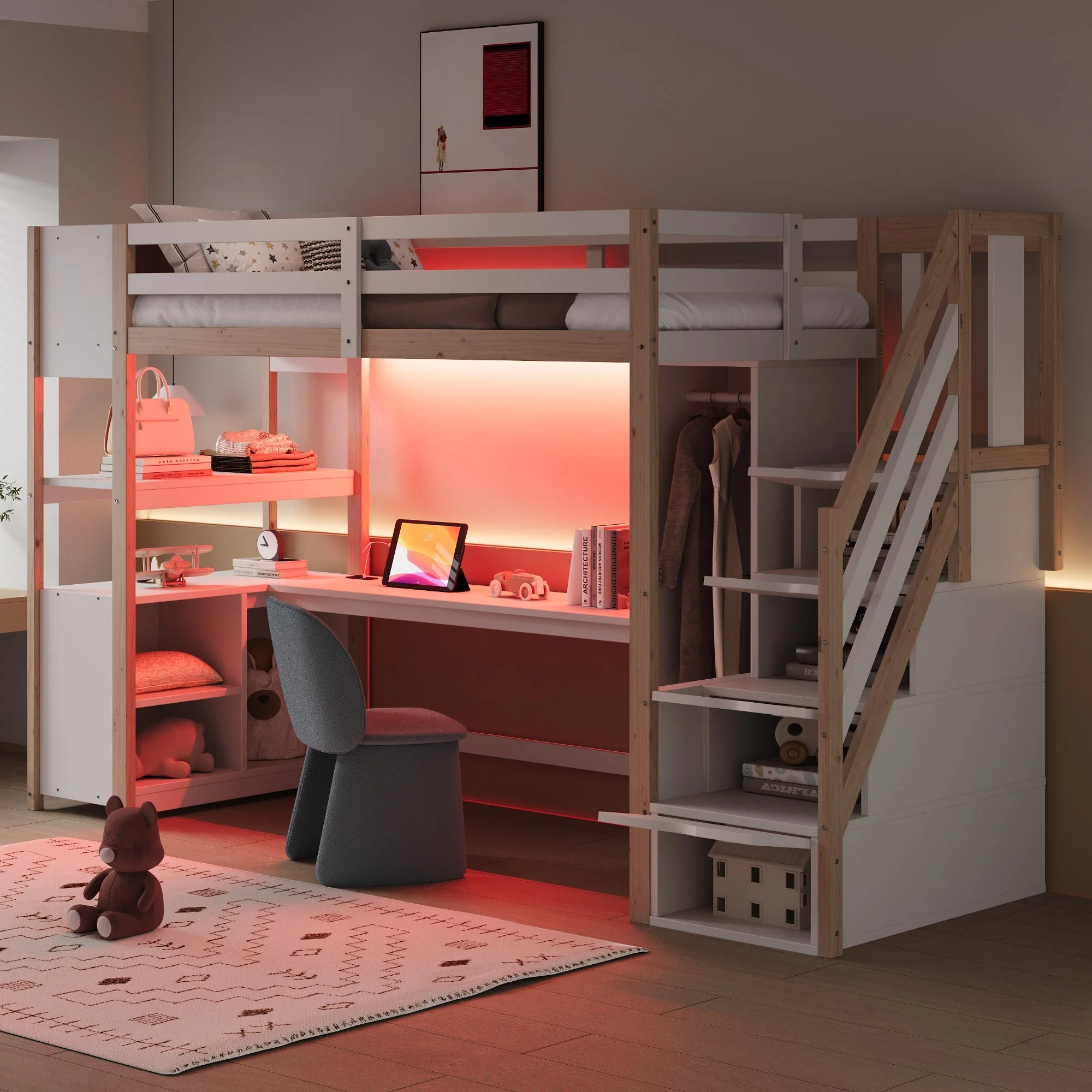 Wooden Loft Bed 90x200cm Wardrobe Desk Storage Stairs LED Sockets Wood Color - Image 2