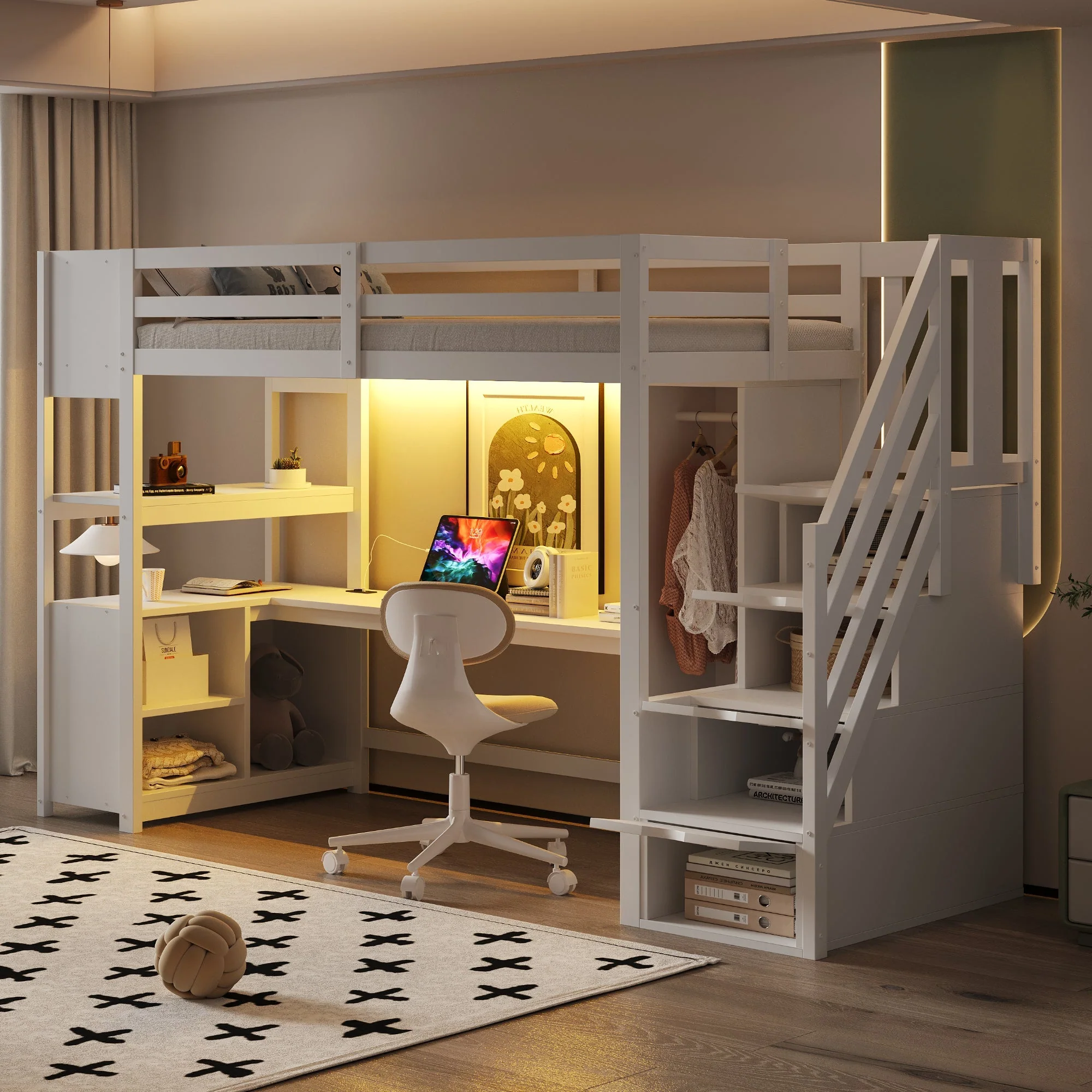 Wooden Loft Bed with Wardrobe, Desk, Storage Stairs, LED and Sockets, 90x200cm, White Pine + MDF - Image 2