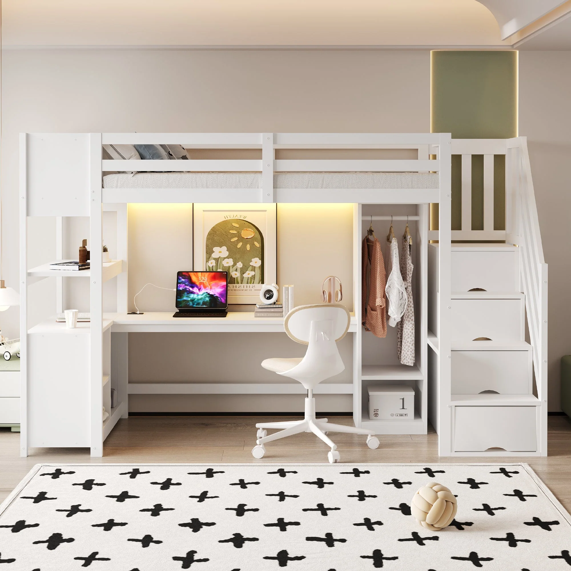 Wooden Loft Bed with Wardrobe, Desk, Storage Stairs, LED and Sockets, 90x200cm, White Pine + MDF - Image 4