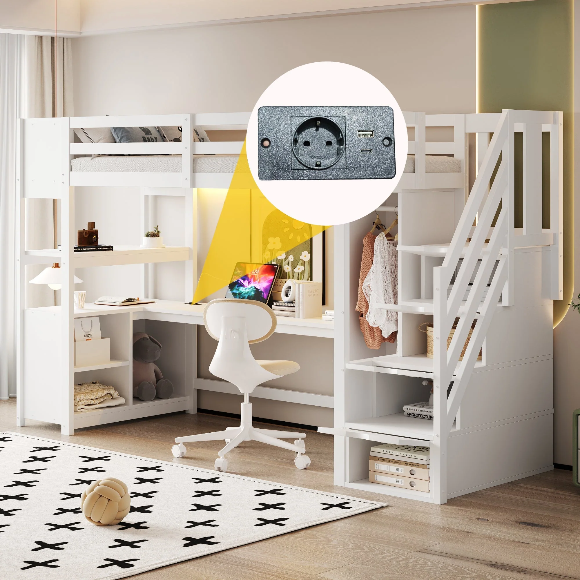 Wooden Loft Bed with Wardrobe, Desk, Storage Stairs, LED and Sockets, 90x200cm, White Pine + MDF - Image 7