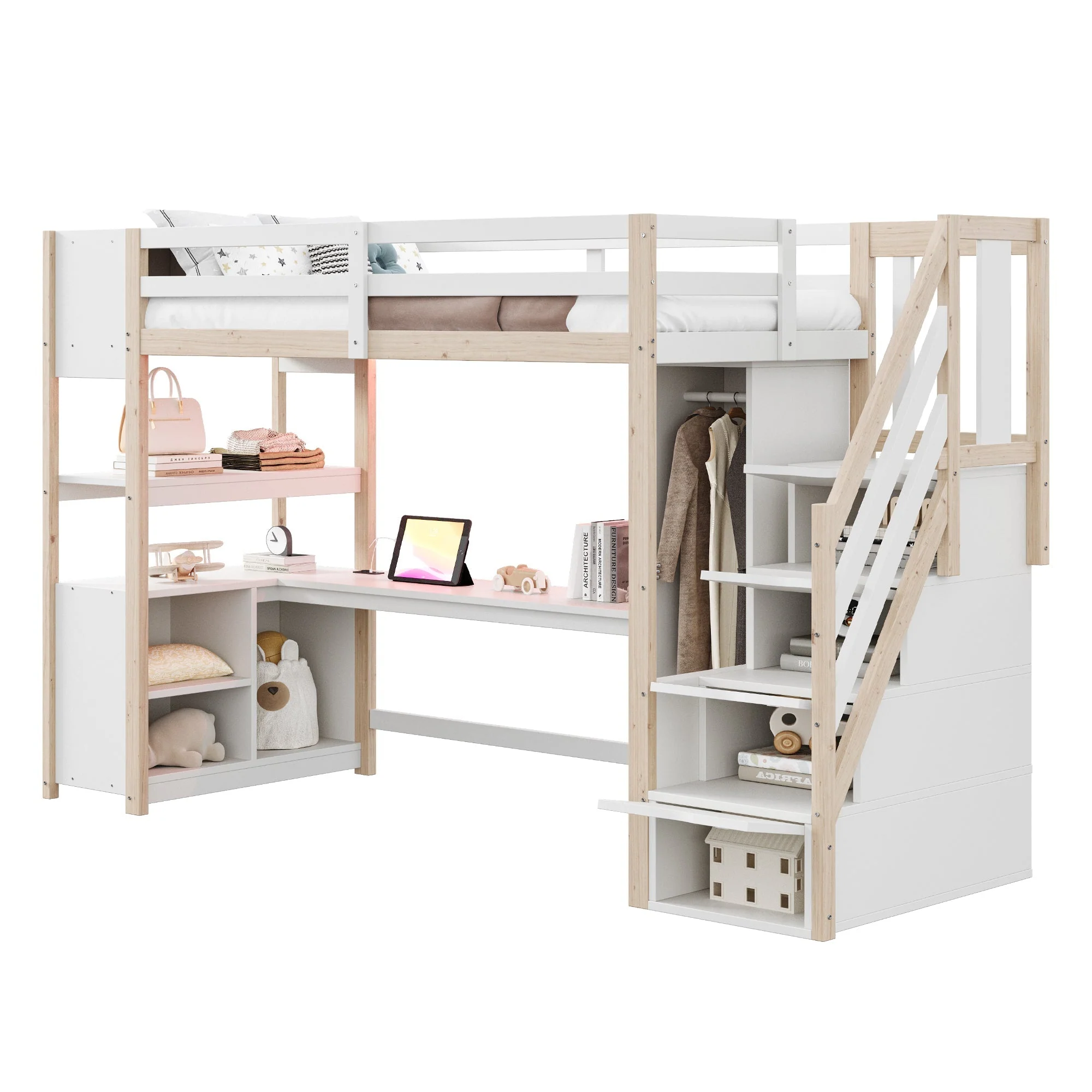 Wooden Loft Bed with Wardrobe, Desk, Storage Stairs, LED and Sockets, 90x200cm, White Pine + MDF - Image 8