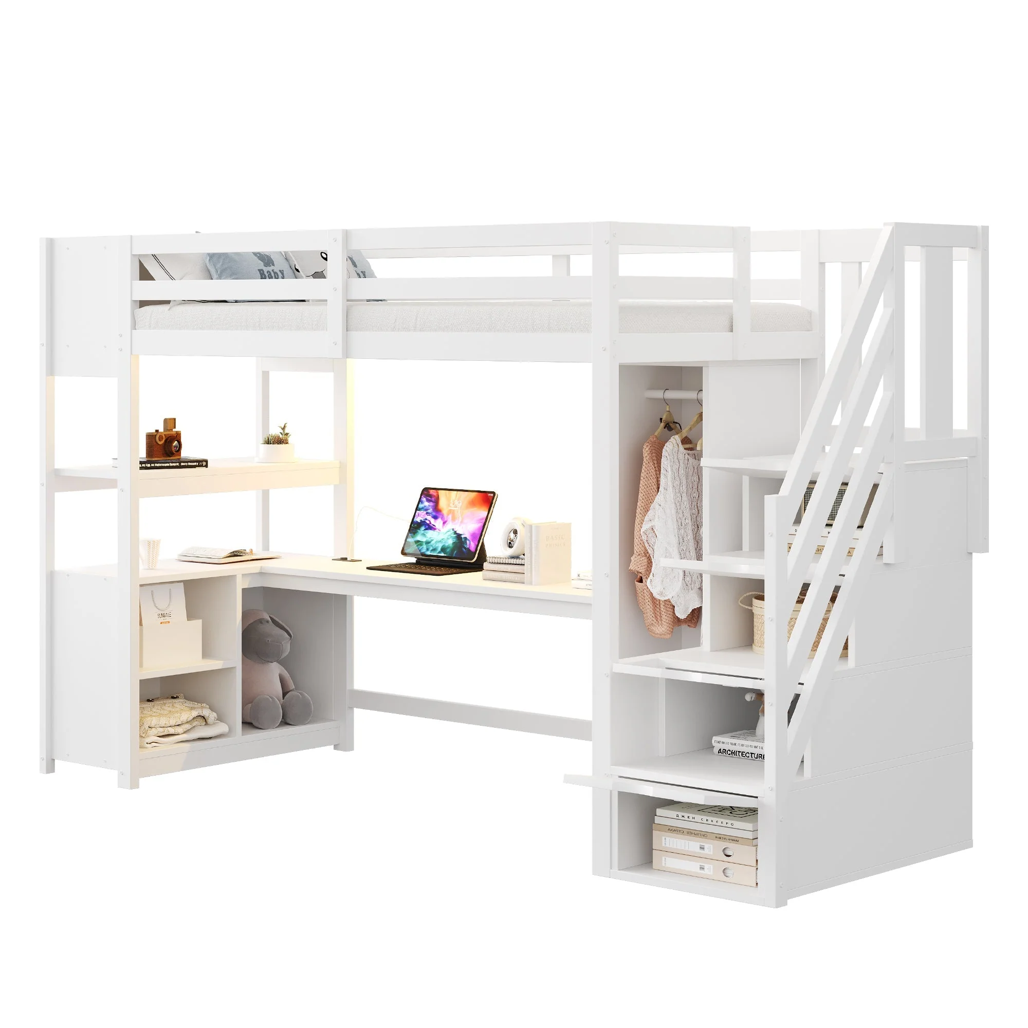 Wooden Loft Bed with Wardrobe, Desk, Storage Stairs, LED and Sockets, 90x200cm, White Pine + MDF - Image 9