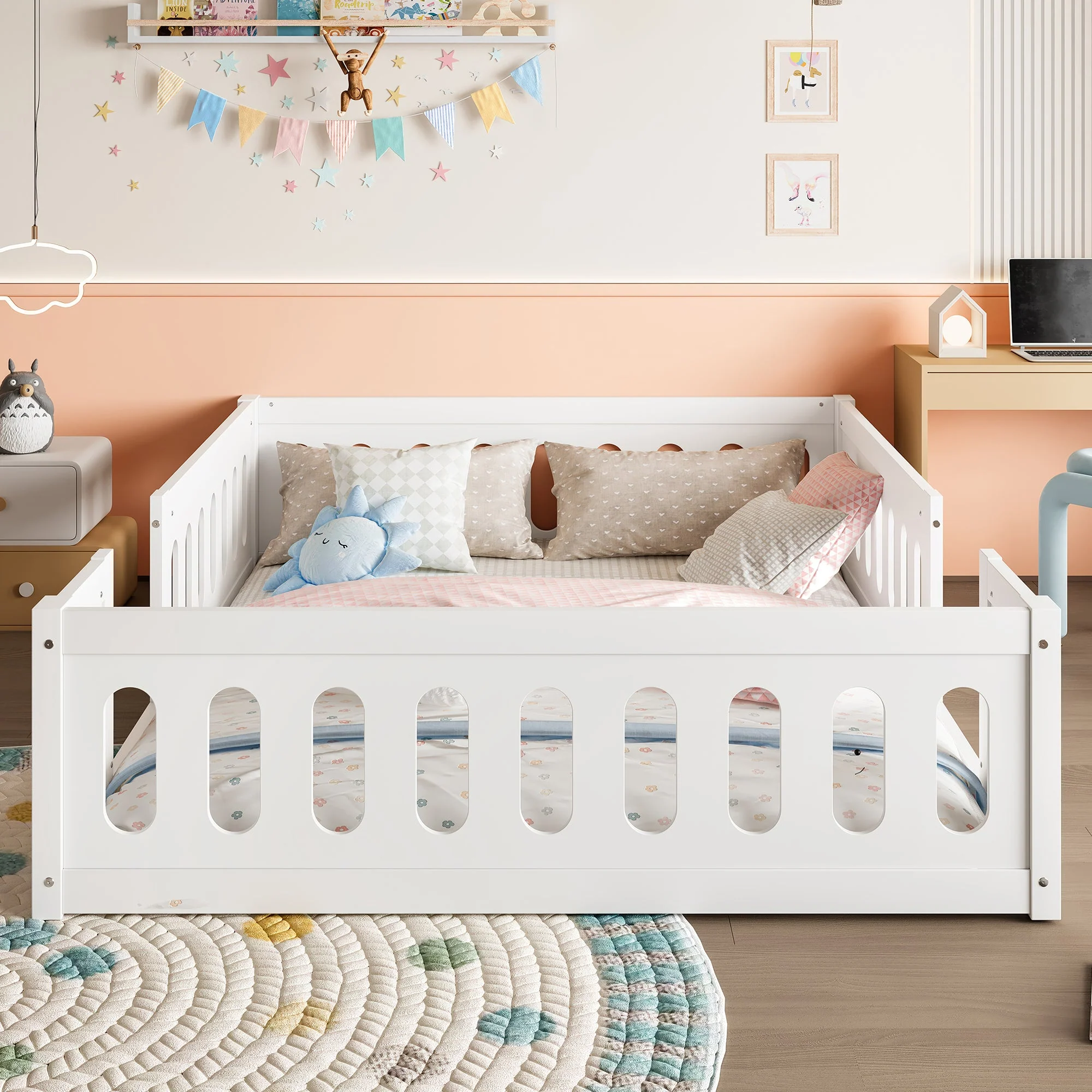 Wooden Platform Bed, 140x200 with Railing, White - Image 2