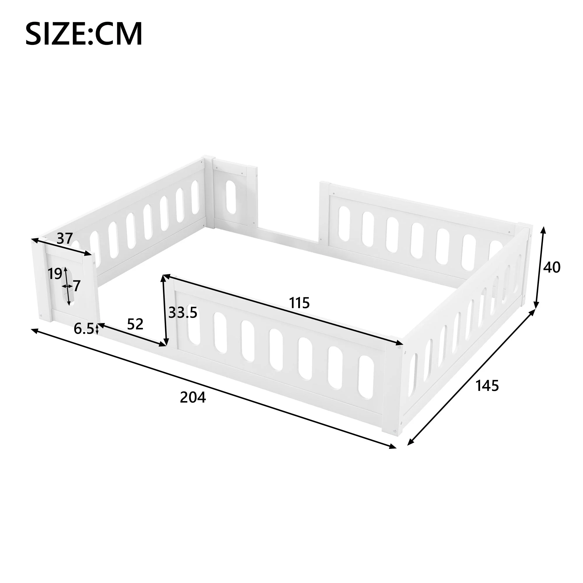 Wooden Platform Bed, 140x200 with Railing, White - Image 4