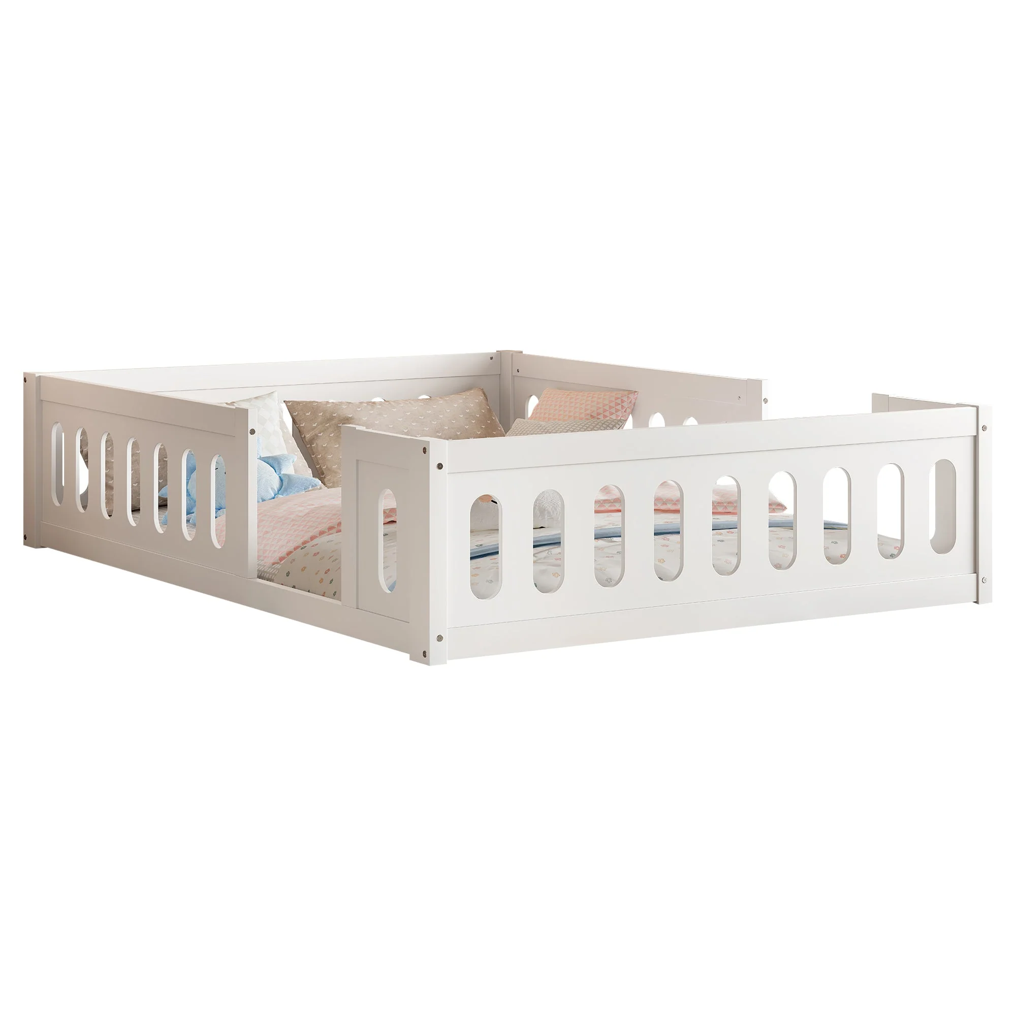 Wooden Platform Bed, 140x200 with Railing, White - Image 5