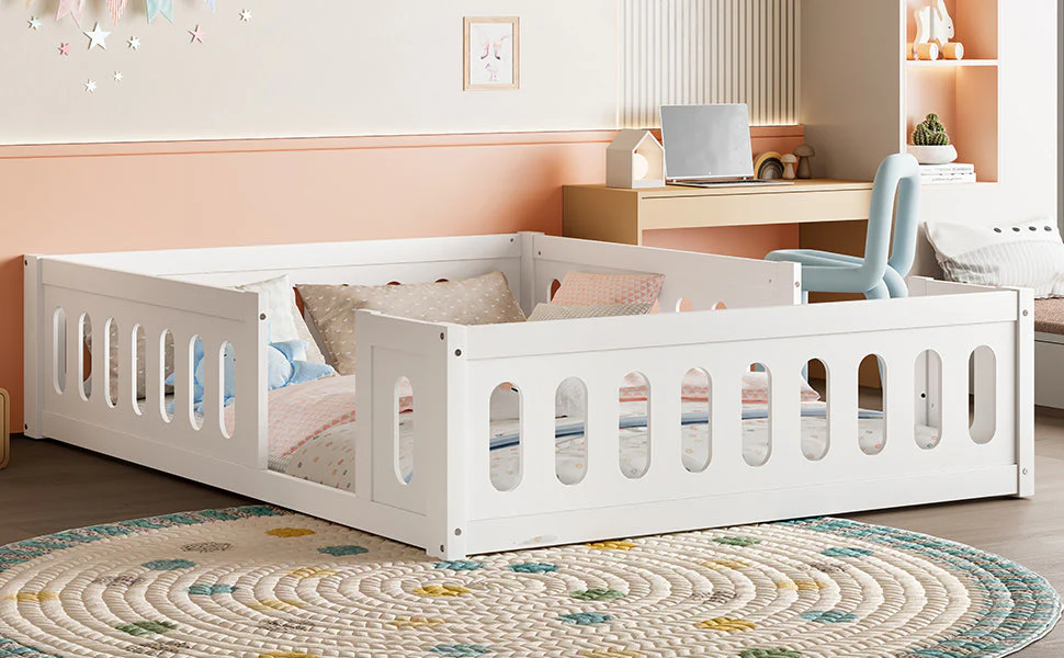 Wooden Platform Bed, 140x200 with Railing, White - Image 8