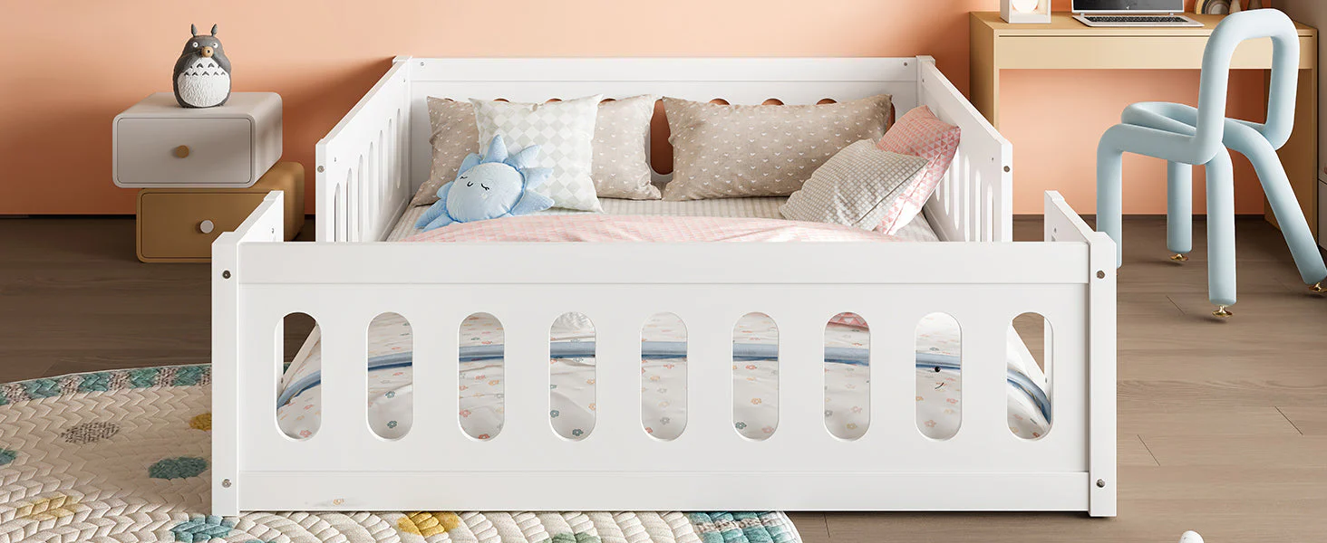 Wooden Platform Bed, 140x200 with Railing, White - Image 9