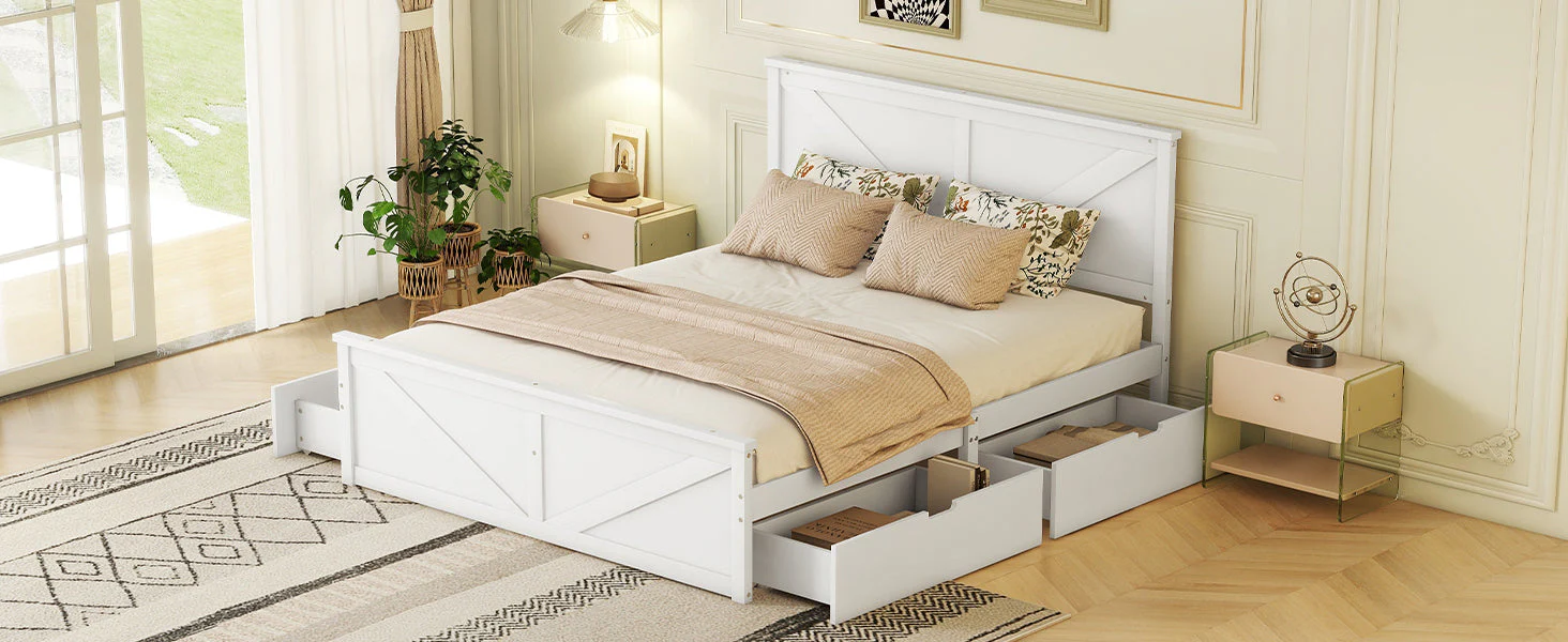 Wooden Platform Bed with 4 Storage Drawers, 160x200, White - Image 9