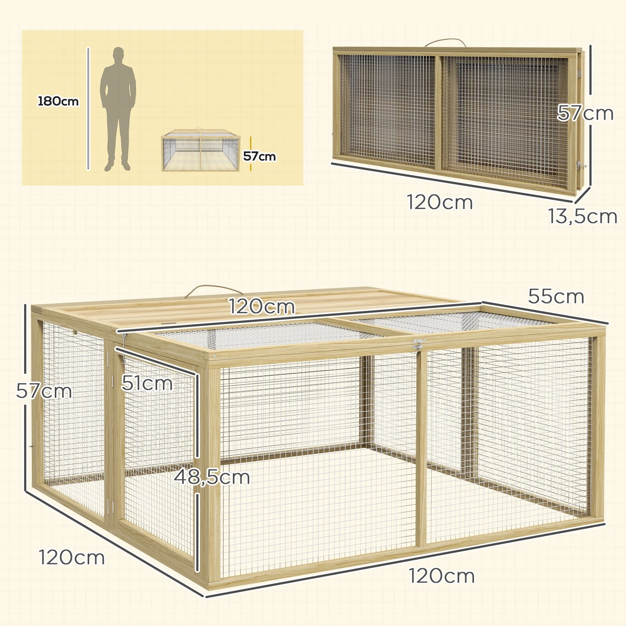 Wooden Rabbit Hutch, Foldable Outdoor Run with Roof, Natural Wood - Image 3