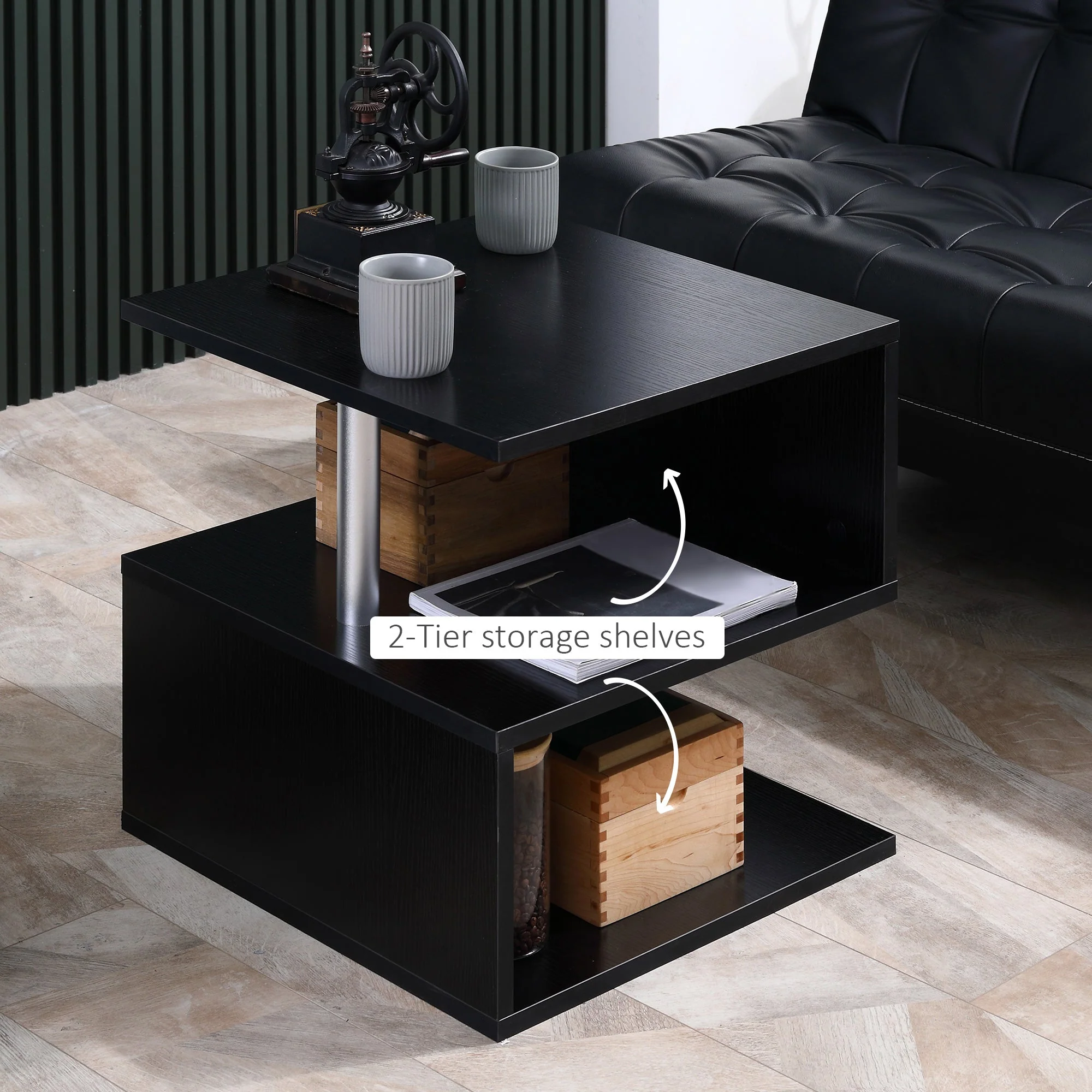 Wooden S Shape Cube Coffee Table 2 Tier Storage Shelves Black - Image 5