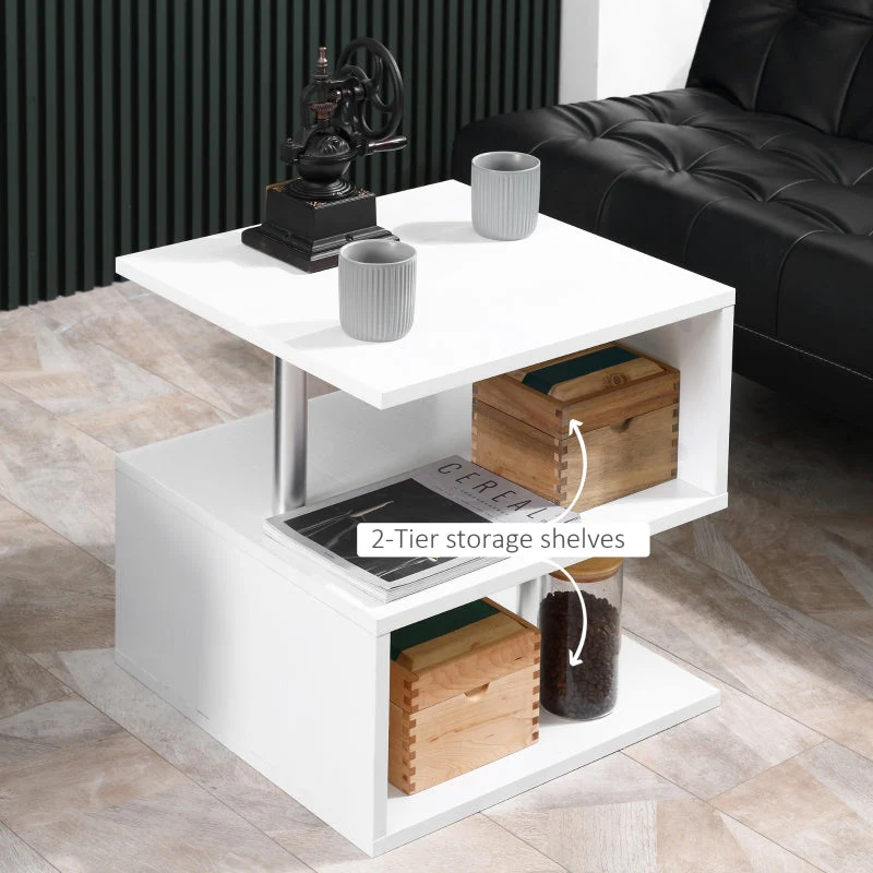 Wooden S Shape Cube Coffee Table 2 Tier Storage Shelves White - Image 5