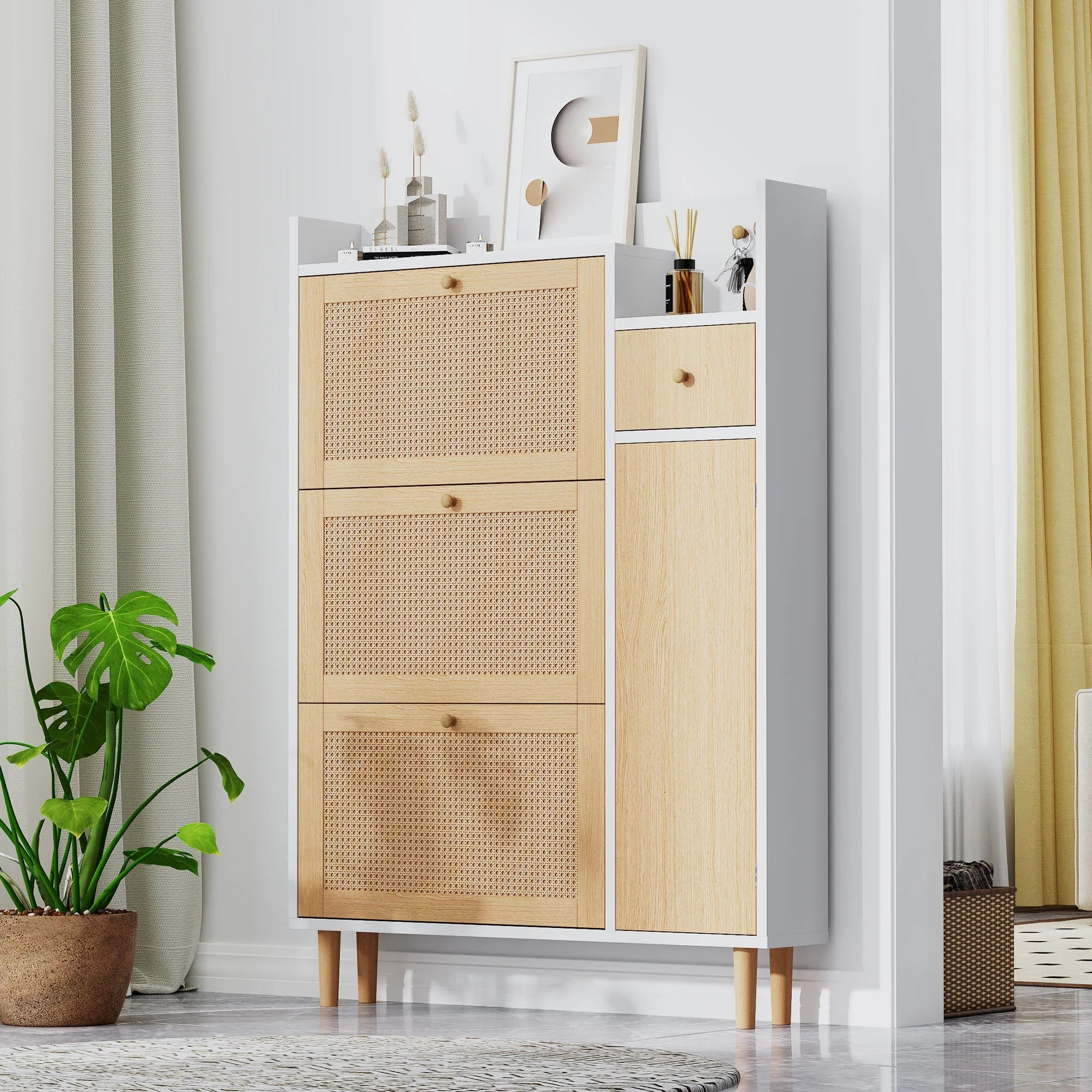 Wooden Shoe Cabinet, Narrow Entryway Storage 3 Tilting Doors 1 Drawer Solid Wood Rattan - Image 7