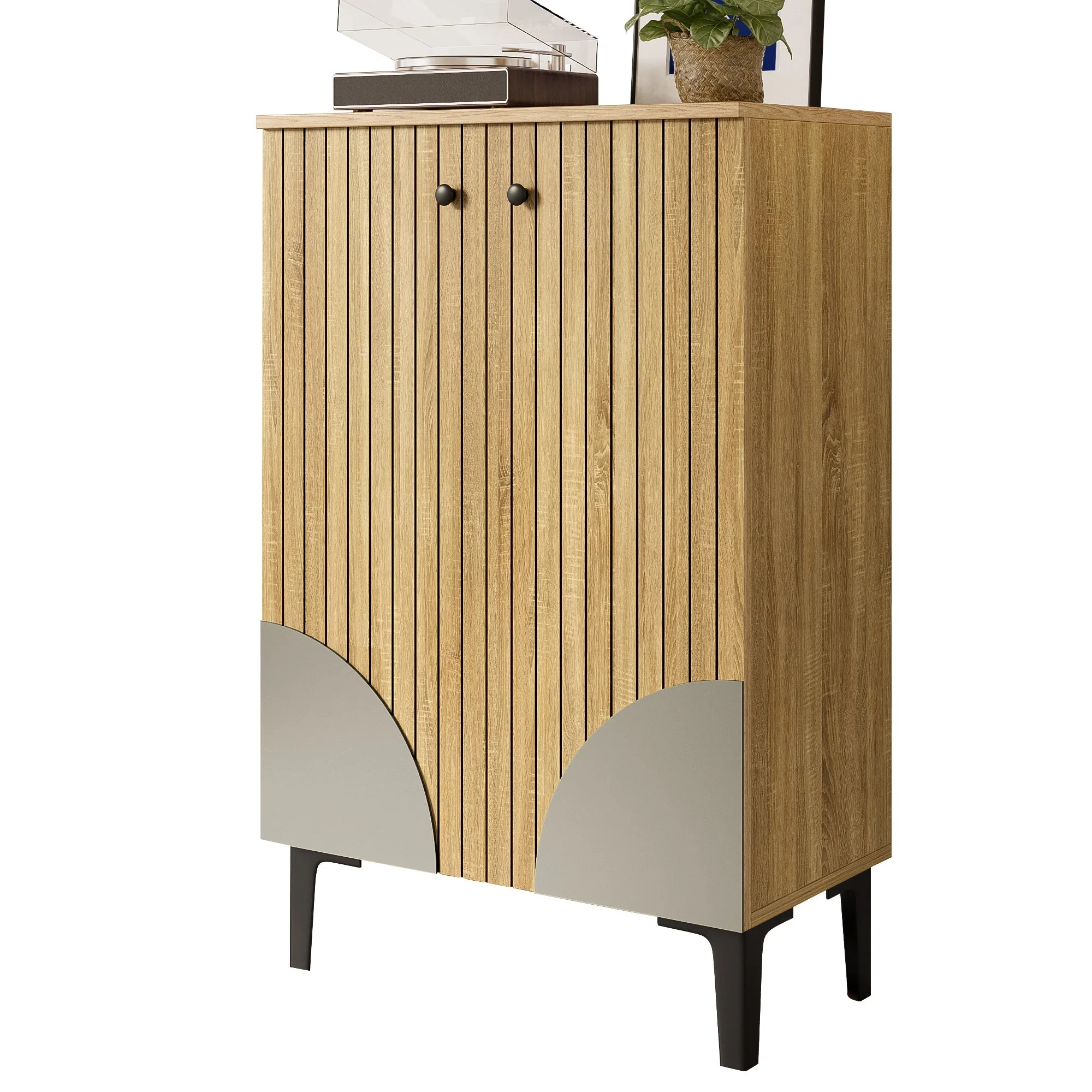 Wooden Shoe Cabinet - Space-Saving Organizer with Shelves & Storage - Black Metal Frame - Image 2