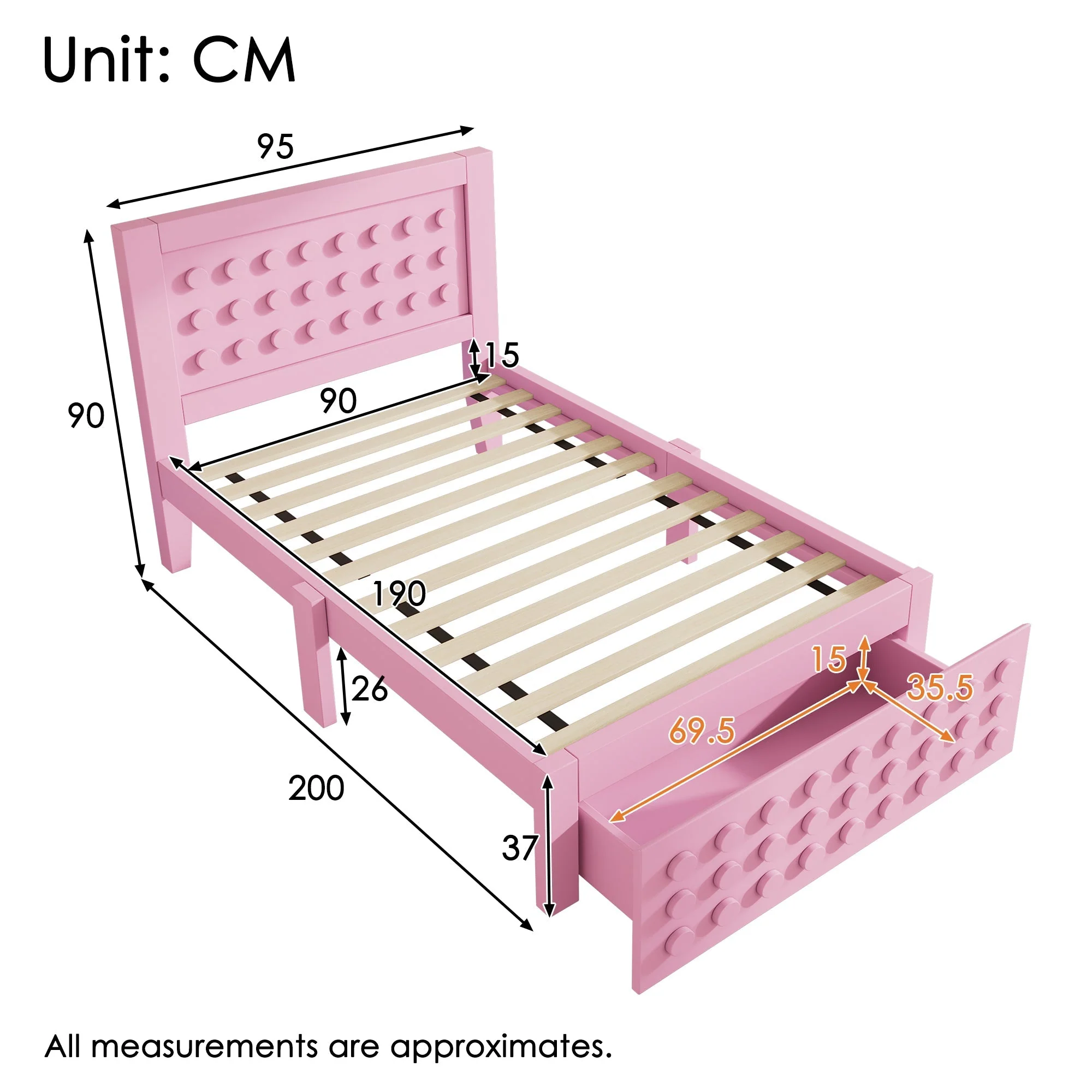Wooden Single Bed 90x190cm Children's Creative Block Design with Drawers Pink - Image 2
