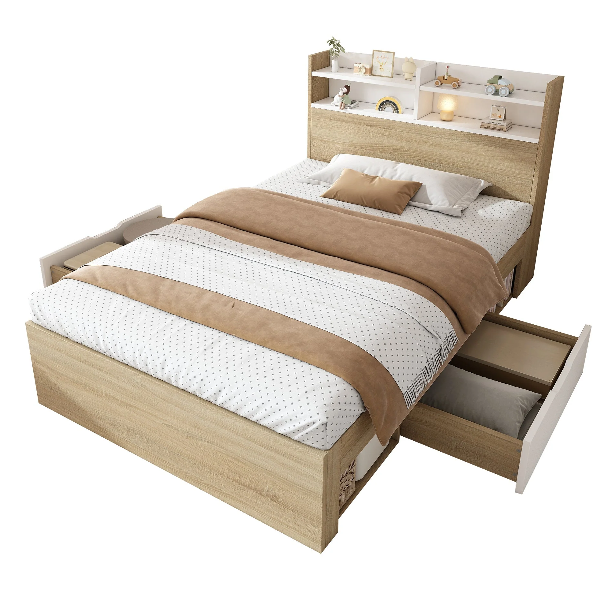 Wooden Single Bed 90x190cm Storage Bed with 2 Drawers Headboard Shelf White/Oak - Image 5