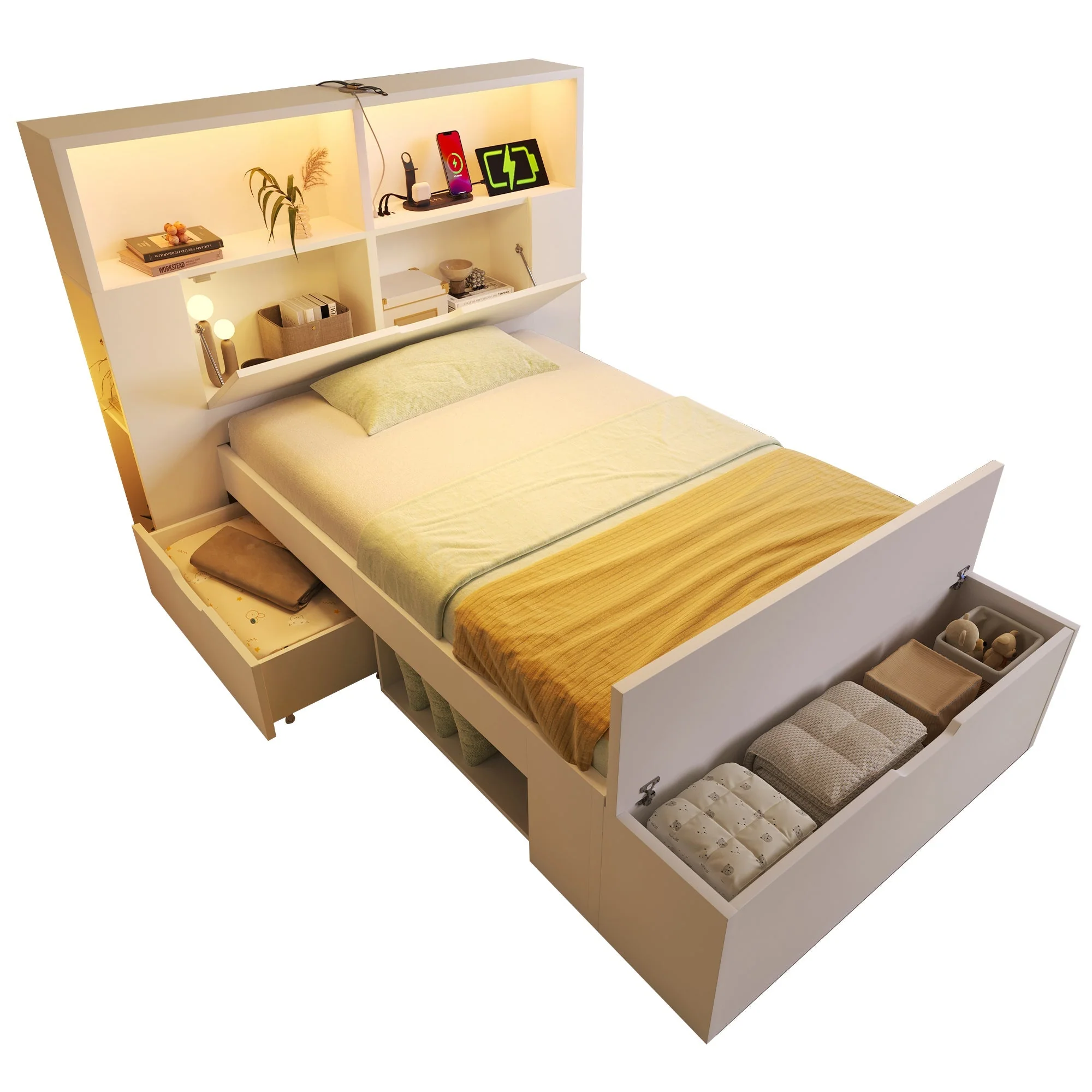 Wooden Single Bed 90x200cm Storage LED USB Drawers Shelves - White Wood - Image 7