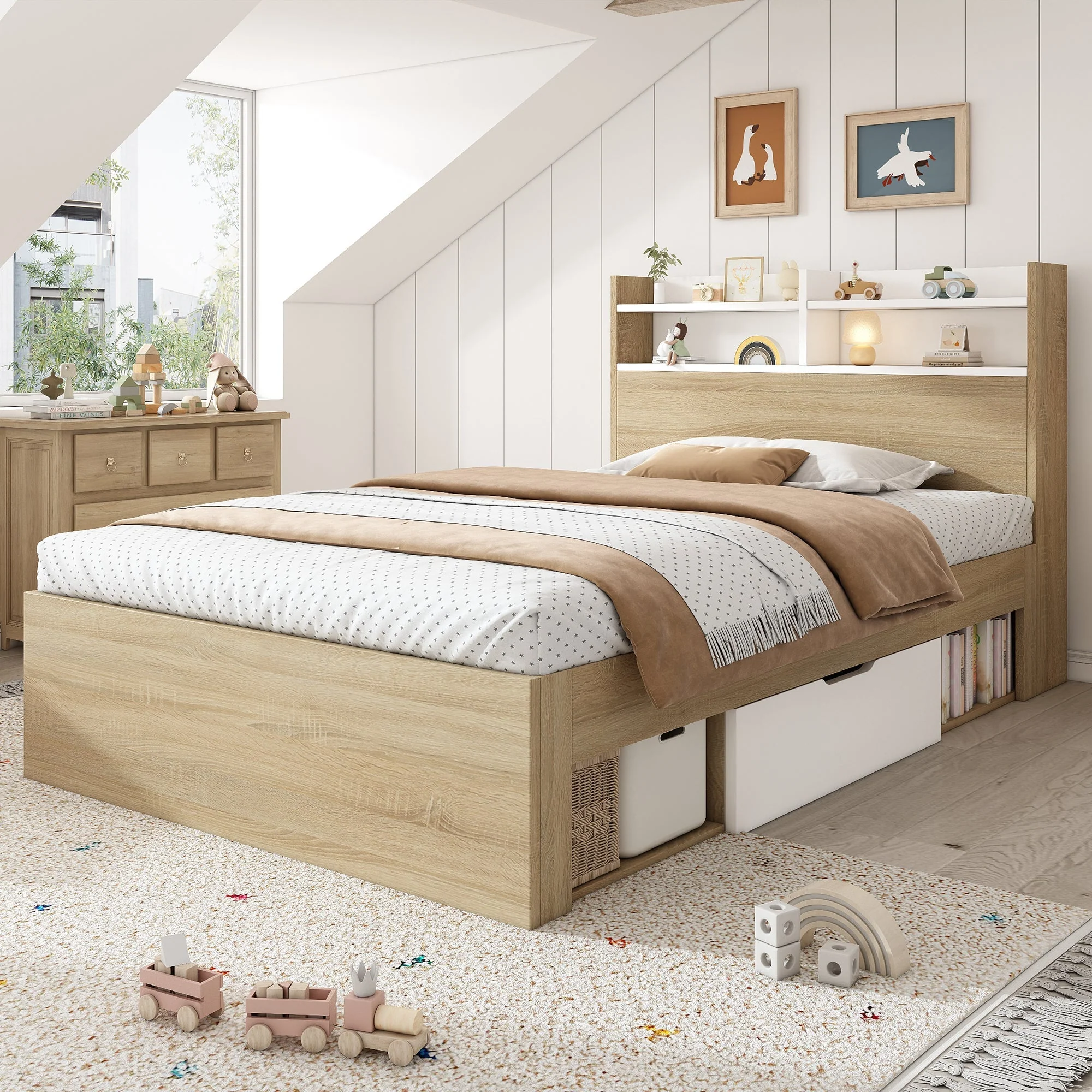 Wooden Single Bed with Headboard Shelf, 2 Drawers and Mattress, 90x200cm, White and Oak Solid Wood - Image 9