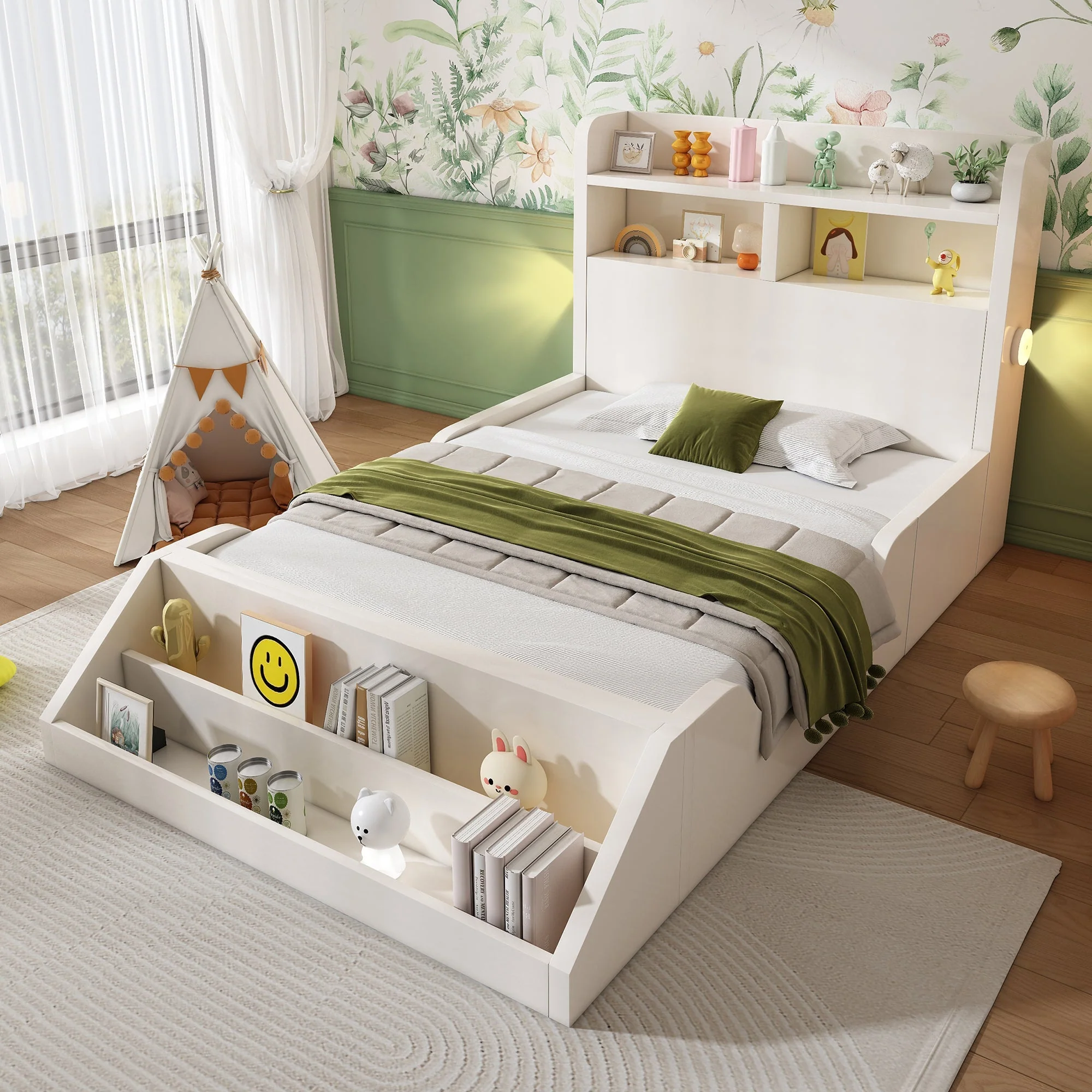 Wooden Single Bed with Shelves, Nightlights and Removable Bookshelf, White - Image 10